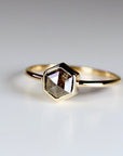 Hexagon Salt and Pepper Diamond Ring, Rose Cut Diamond Shield Ring