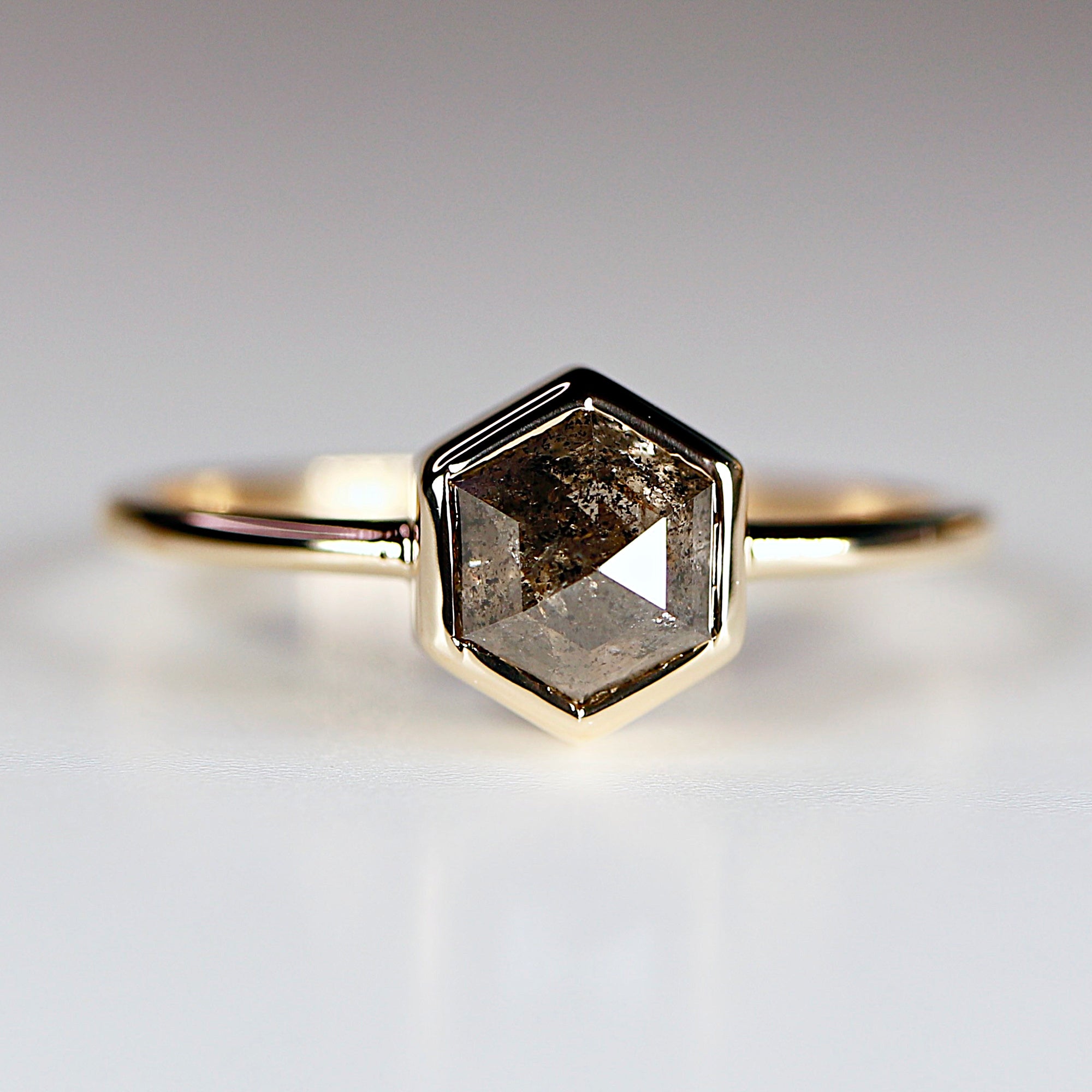 Hexagon Salt and Pepper Diamond Ring, Rose Cut Diamond Shield Ring