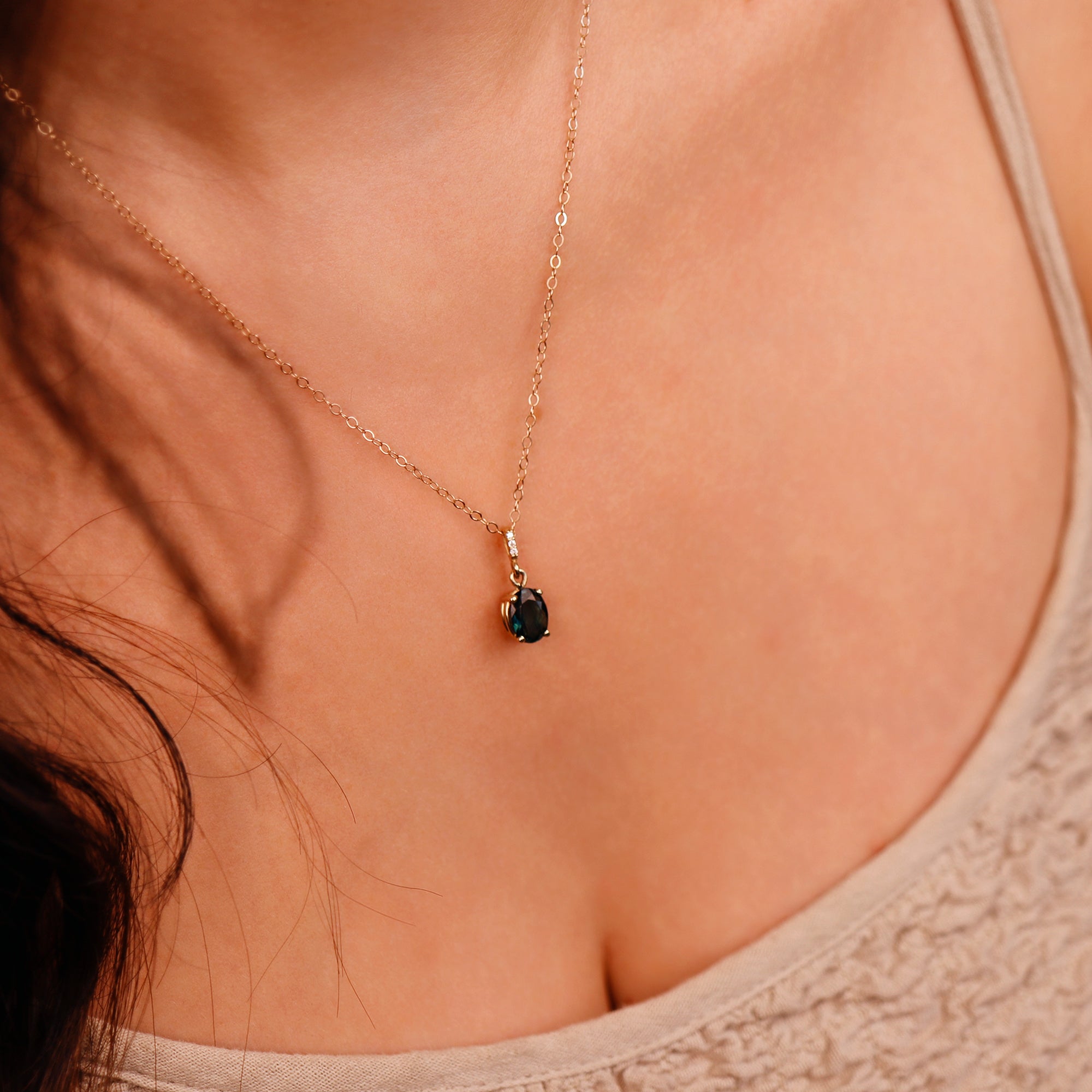 Green Tourmaline Necklace 14k Solid Gold with Diamond Bail