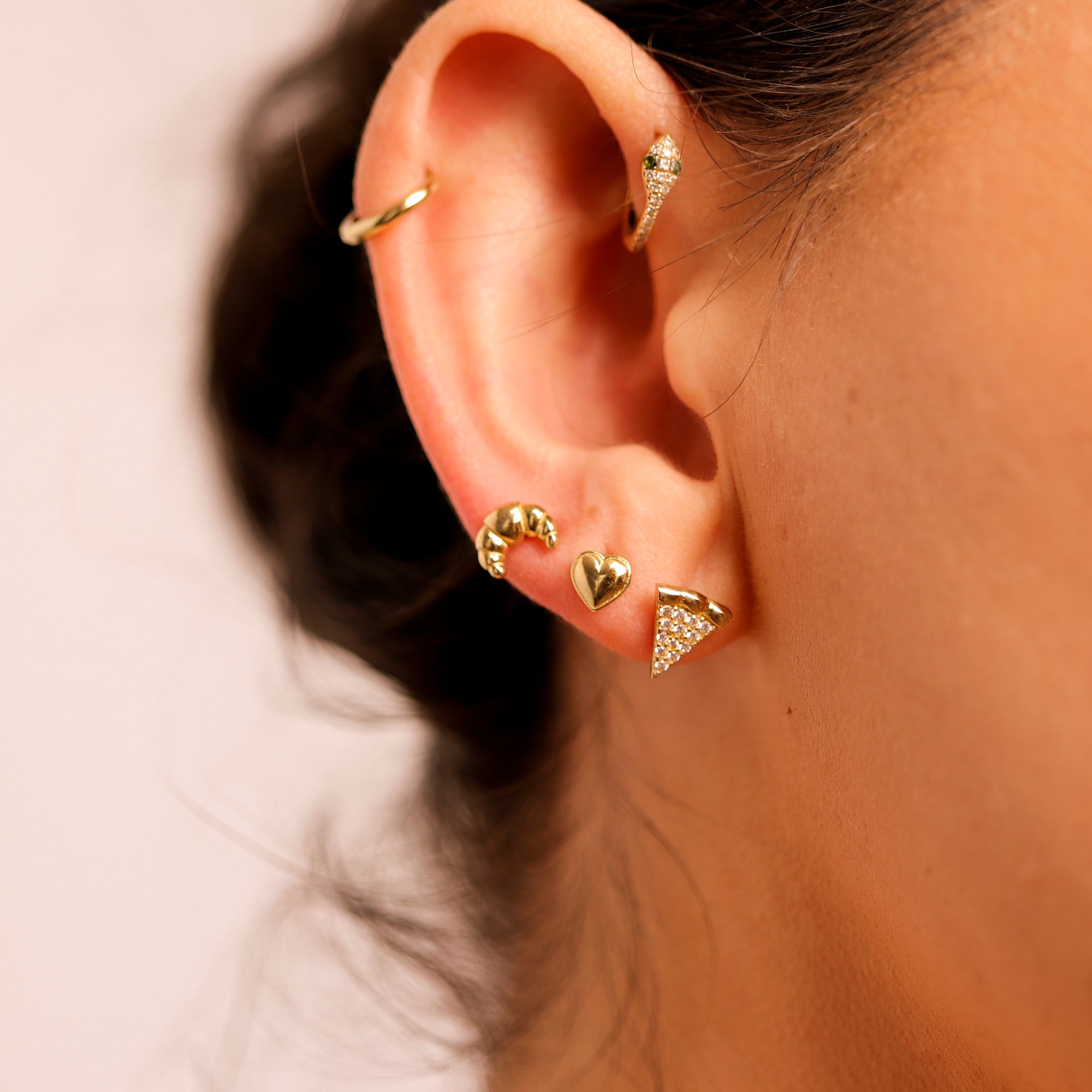 Pizza Slice Flat Back Earrings 14k Solid Gold, Cz Stack Earrings