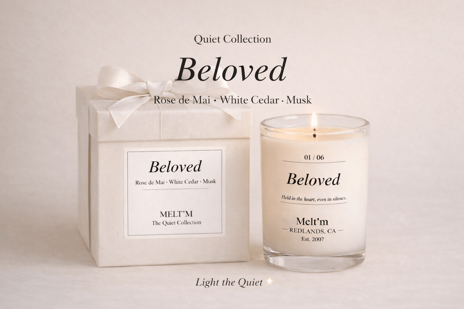 Beloved Candle – Rose de Mai, White Cedar & Musk | Luxury Floral Musk Candle | Romantic Gift | Melt’m Quiet Collection - Melt'm Jewelry