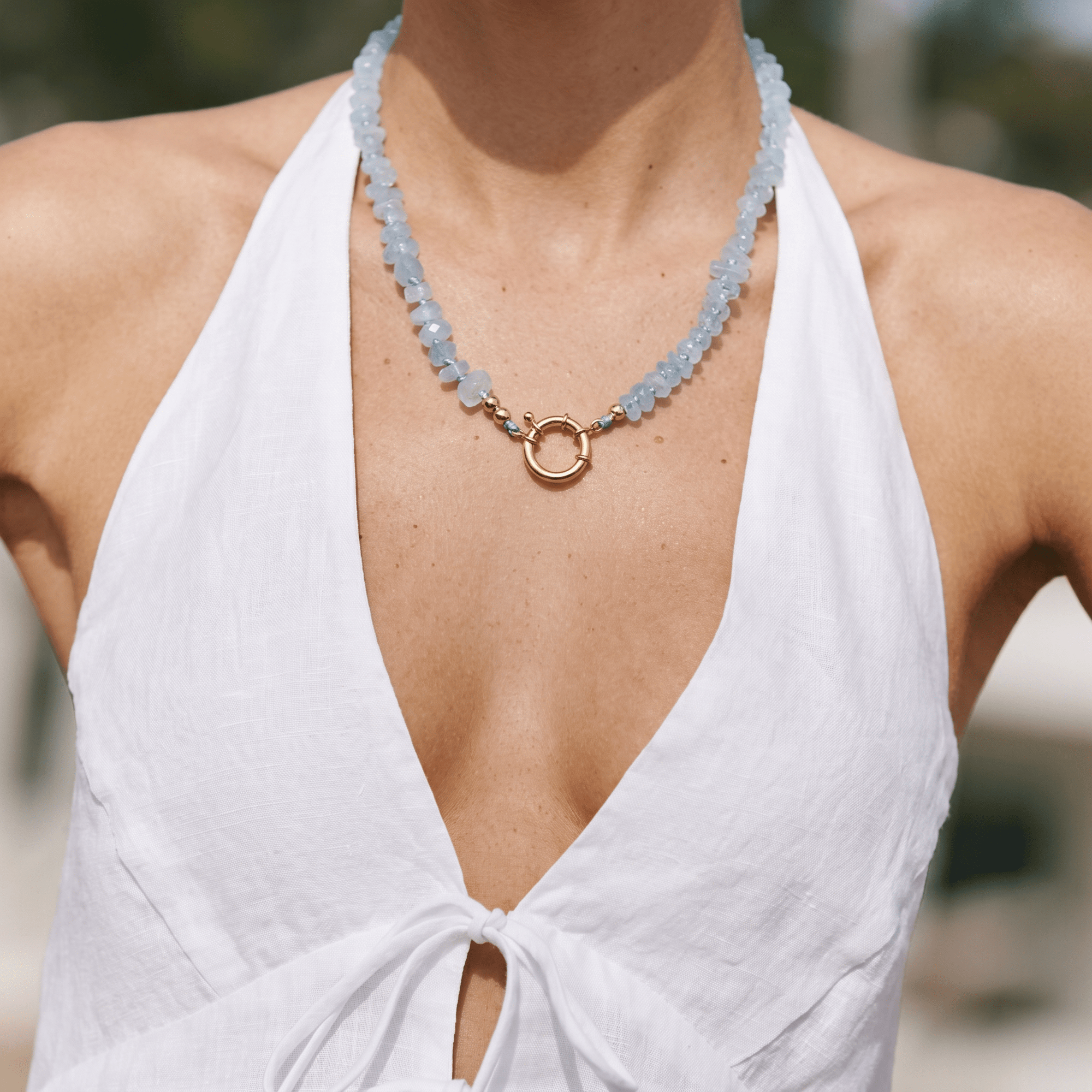 Aquamarine Hand Knotted Silk Necklace, Faceted Rondelle Beads, Charm Holder Necklace with Gold Filled Clasp, 18 Inch - Melt'm Jewelry