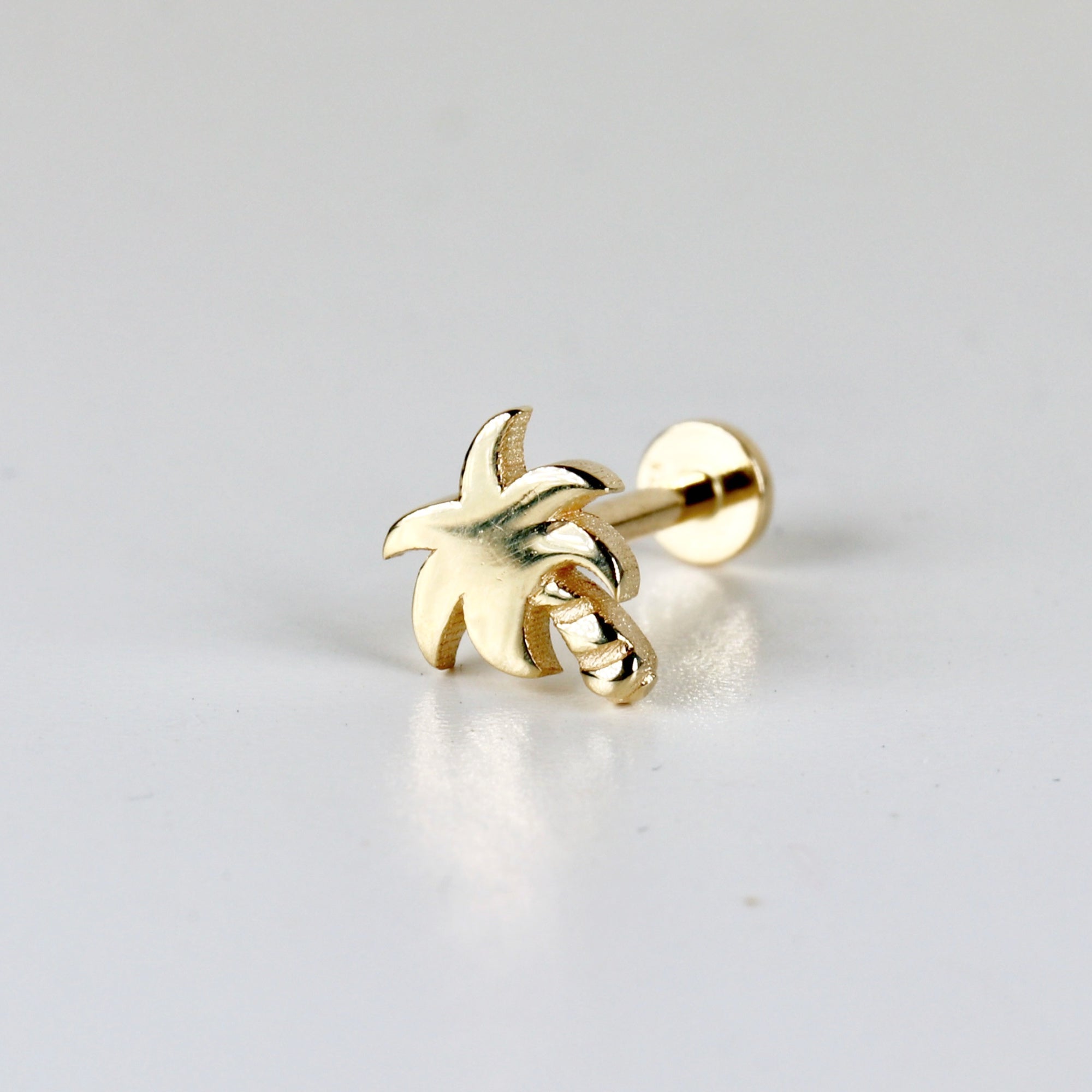 Tiny Palm Tree Flat Back Earrings 14k Solid Gold, Stack Earrings