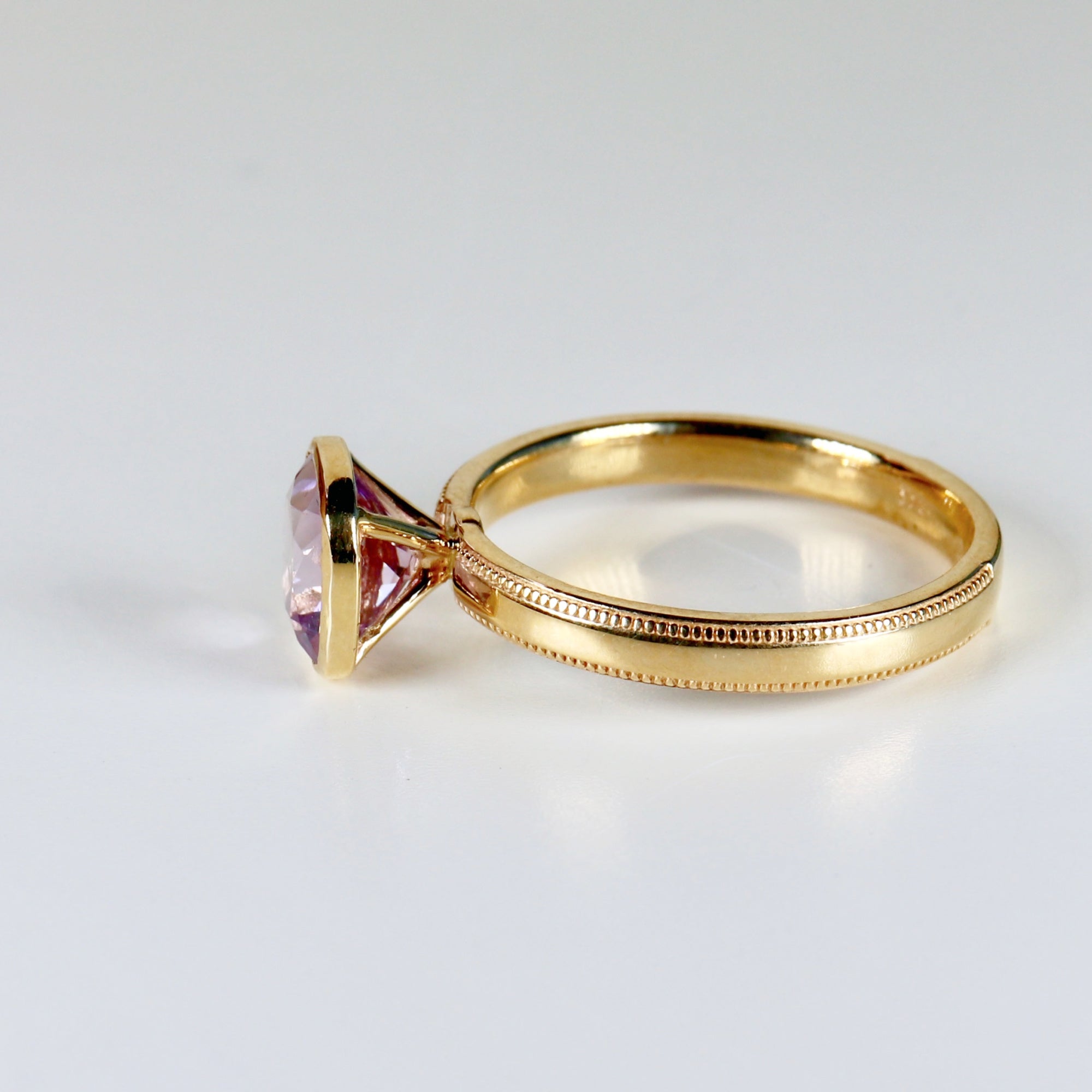 Cushion Cut Rose de France Amethyst Ring 10k Gold, Bezel Set Solitaire Engagement Ring
