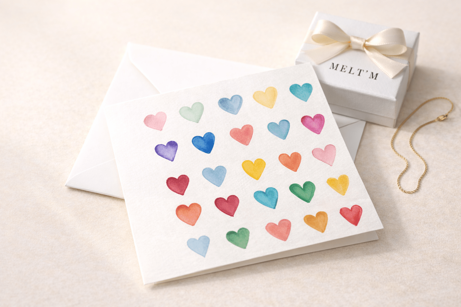 Watercolor Hearts Notecard – Blank Greeting Card with White Envelope - Melt'm Jewelry