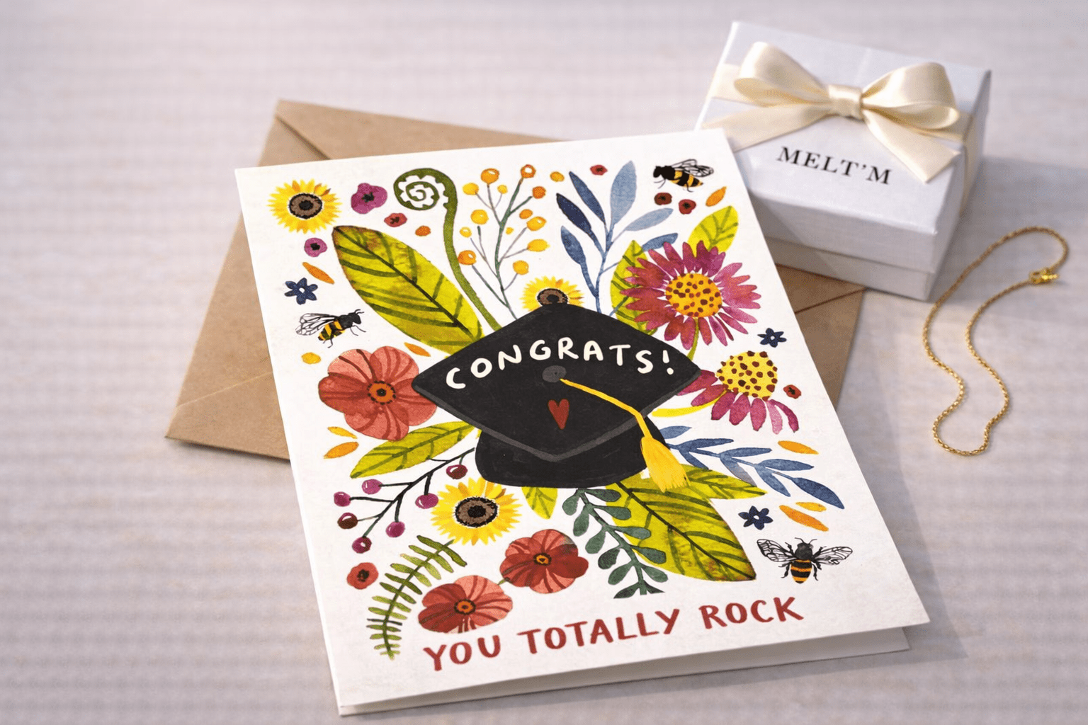 Congrats Graduation Notecard – Floral Graduation Greeting Card with Kraft Envelope - Melt'm Jewelry