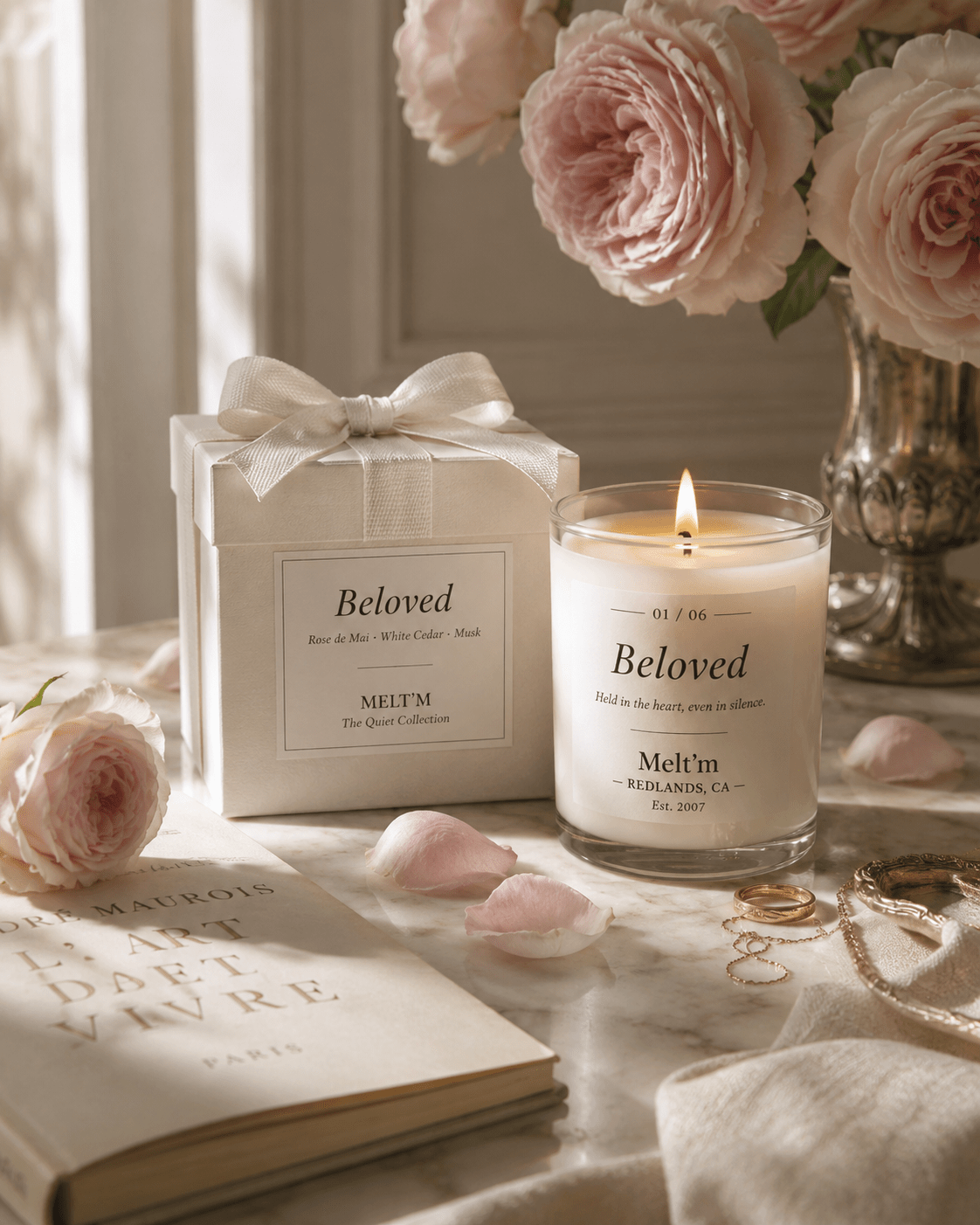 Beloved Candle – Rose de Mai, White Cedar & Musk | Luxury Floral Musk Candle | Romantic Gift | Melt’m Quiet Collection - Melt'm Jewelry