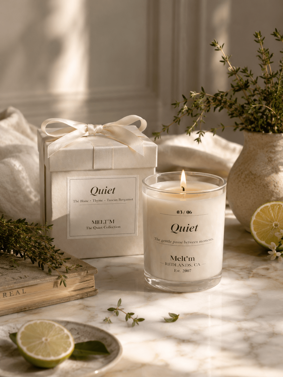 Quiet – Thé Blanc, Thyme & Tuscan Bergamot Candle | 8 oz Soy Wax Candle | Fresh Clean Luxury Scent | Melt’m Quiet Collection - Melt'm Jewelry