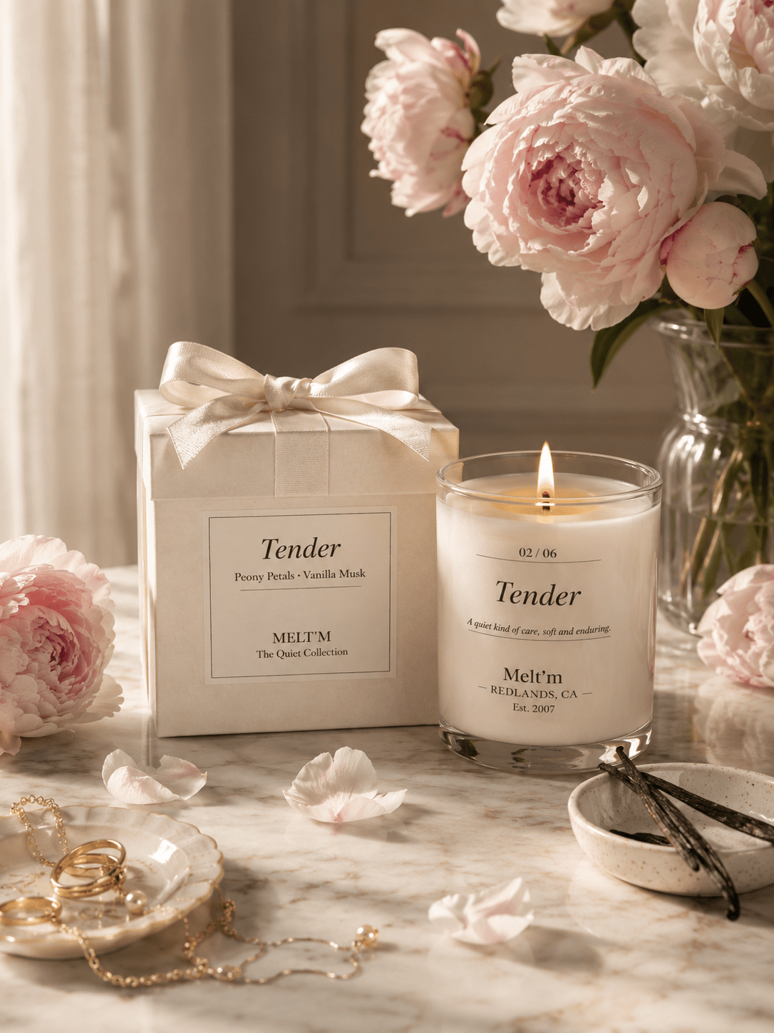 Tender Soy Wax Candle – Peony Petals & Vanilla Musk | 8 oz Luxury Candle | Melt’m Quiet Collection - Melt'm Jewelry