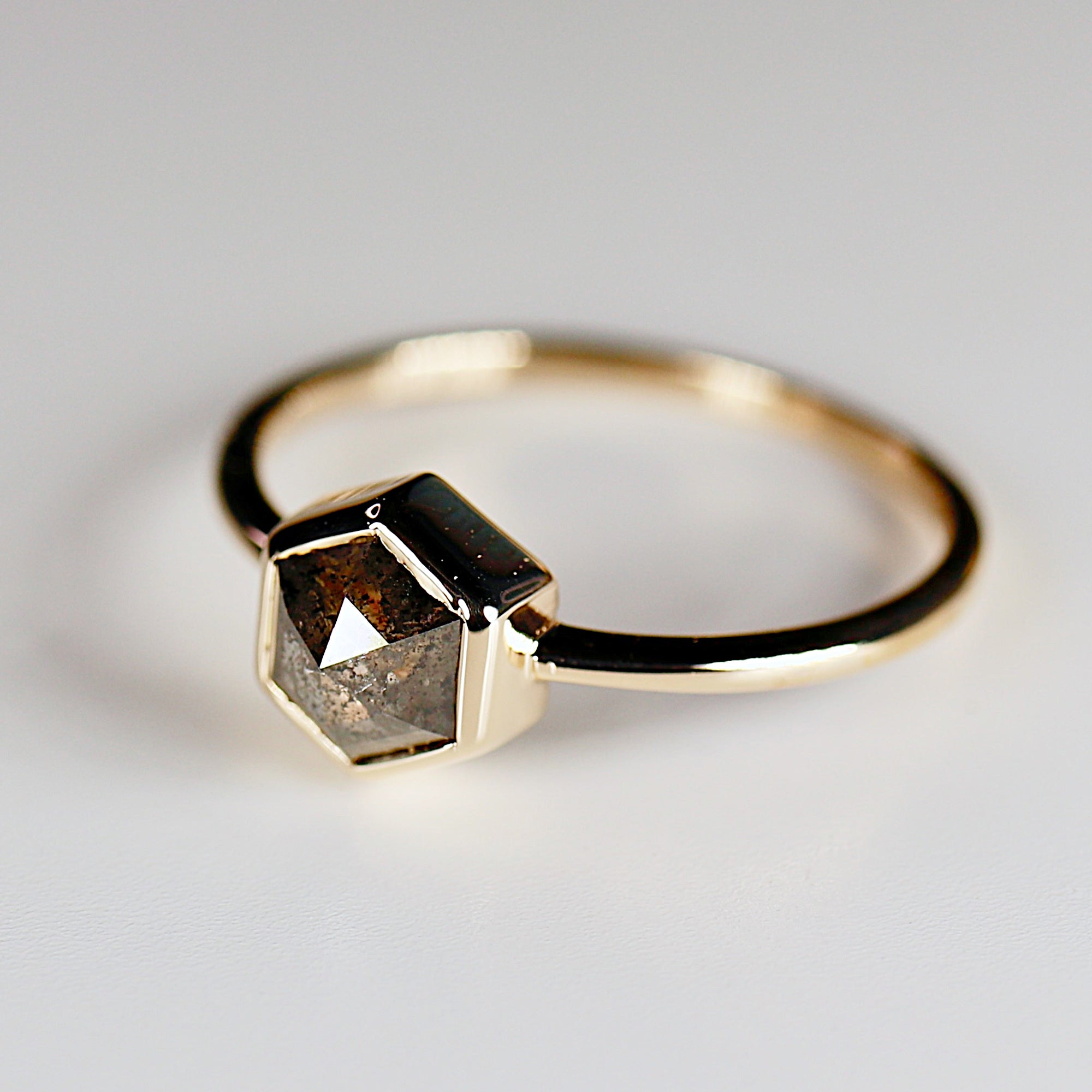 Hexagon Salt and Pepper Diamond Ring, Rose Cut Diamond Shield Ring