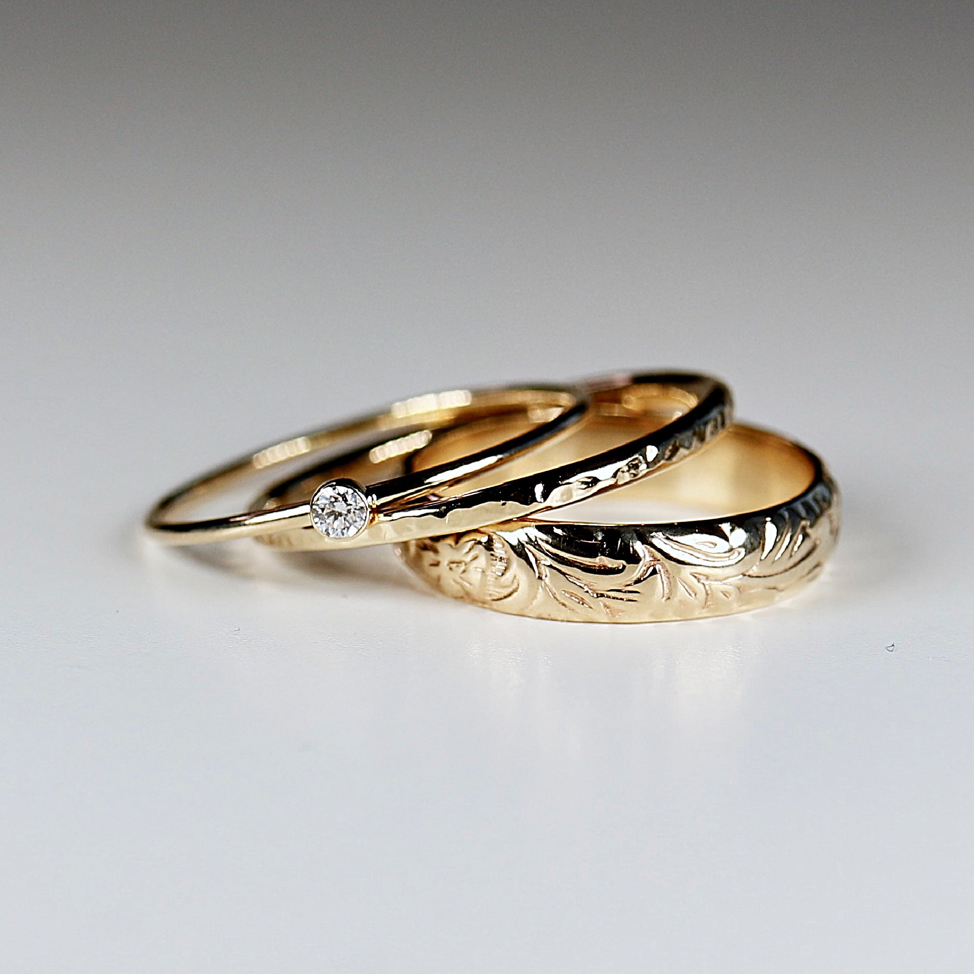 Set of 3 Gold Hammered Band Rings, Stacking Ring Set