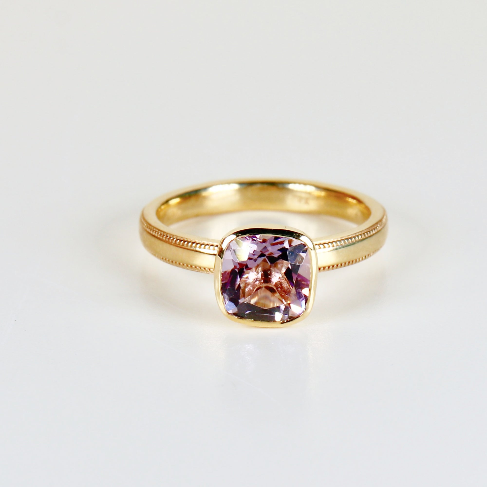 Cushion Cut Rose de France Amethyst Ring 10k Gold, Bezel Set Solitaire Engagement Ring