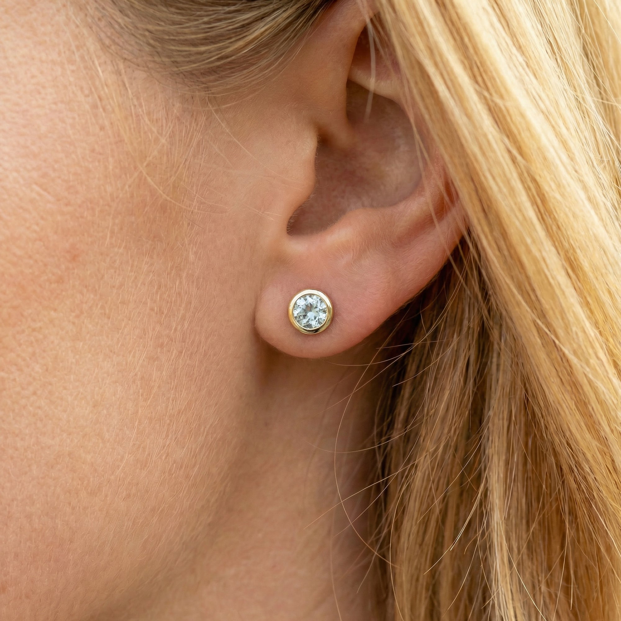 Round Aquamarine Bezel Earrings 14k Gold, Natural Aquamarine March Birthstone Studs - Melt'm Jewelry
