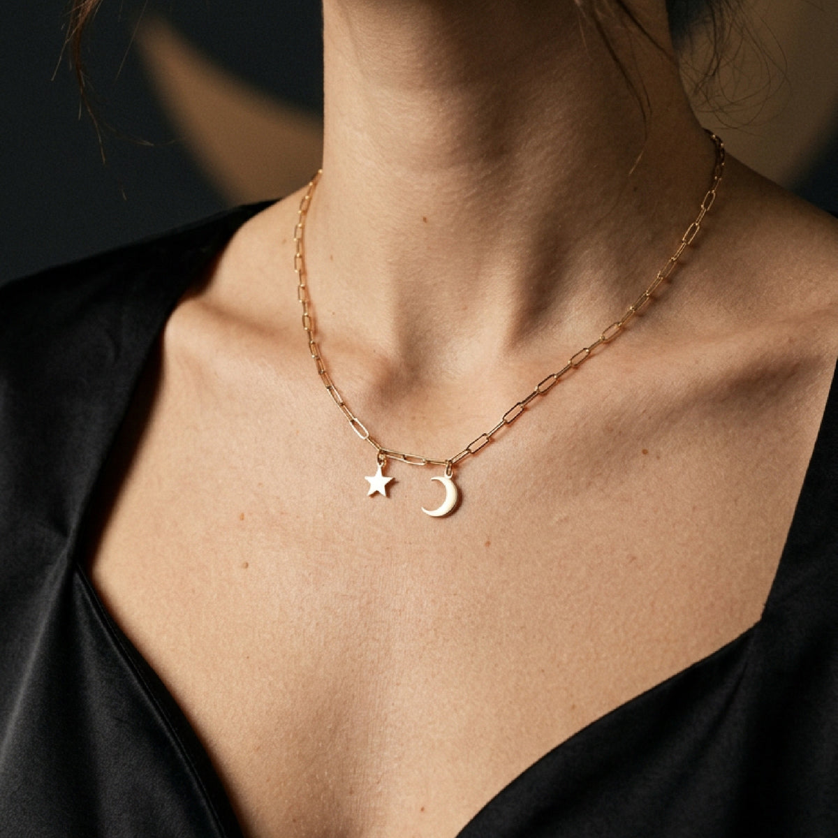Moon and Star Necklace 14k Solid Gold - Melt'm Jewelry