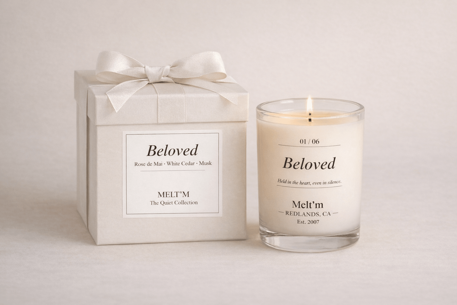 Beloved Candle – Rose de Mai, White Cedar & Musk | Luxury Floral Musk Candle | Romantic Gift | Melt’m Quiet Collection - Melt'm Jewelry