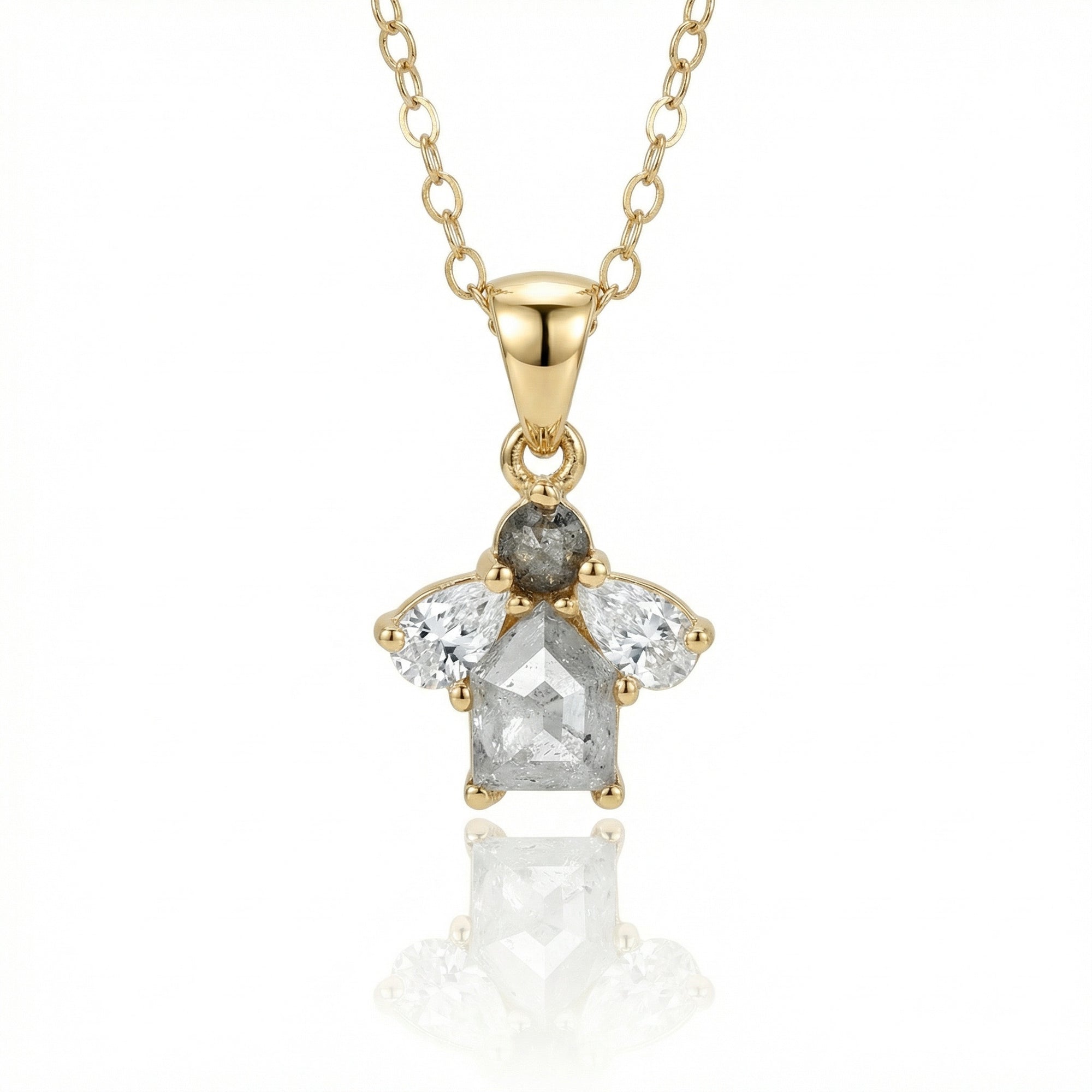 14K Solid Gold Salt and Pepper Diamond Cluster Necklace with Pear Moissanites - Melt'm Jewelry
