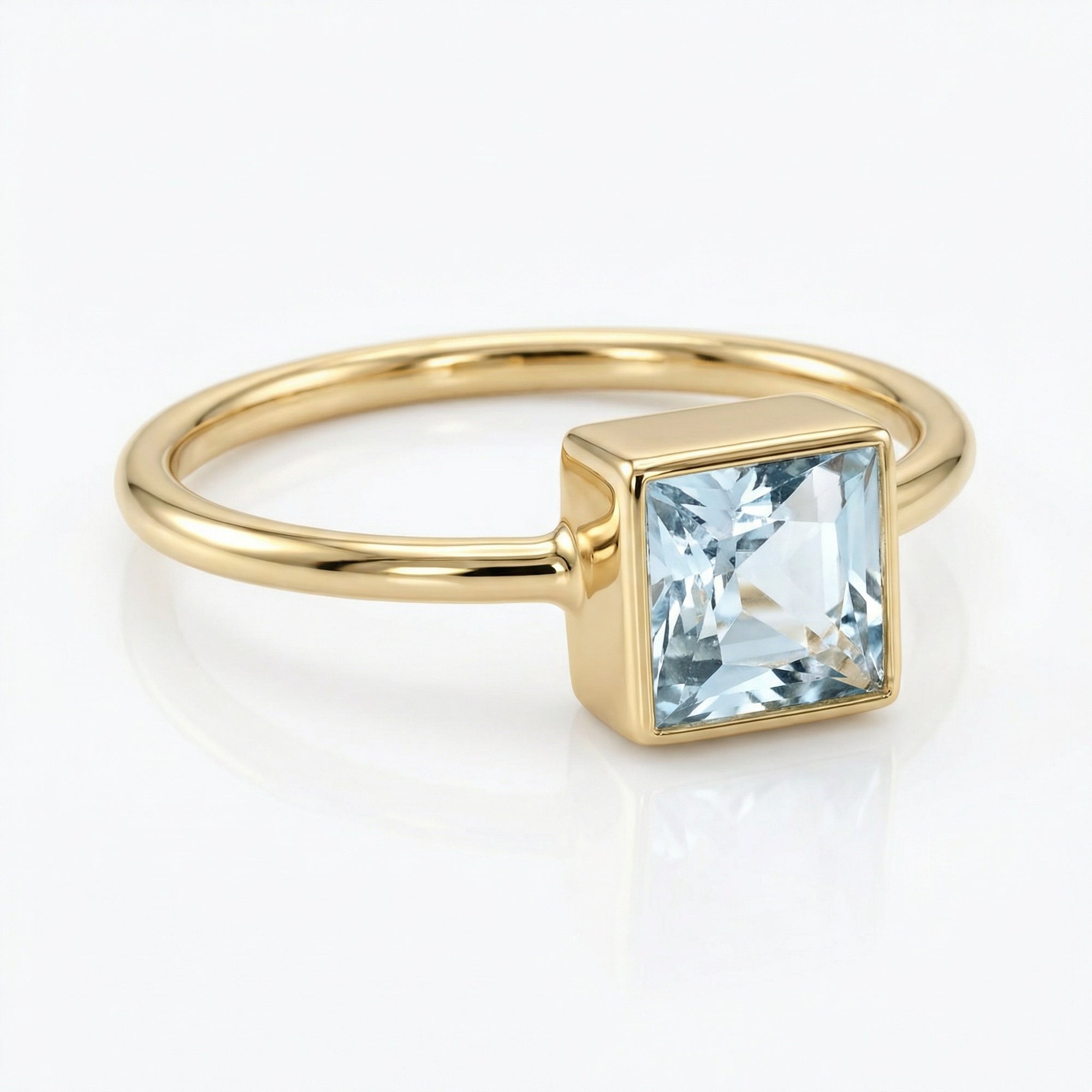 Princess Cut Bezel Set Aquamarine Ring 14k Gold March Birthstone - Melt'm Jewelry