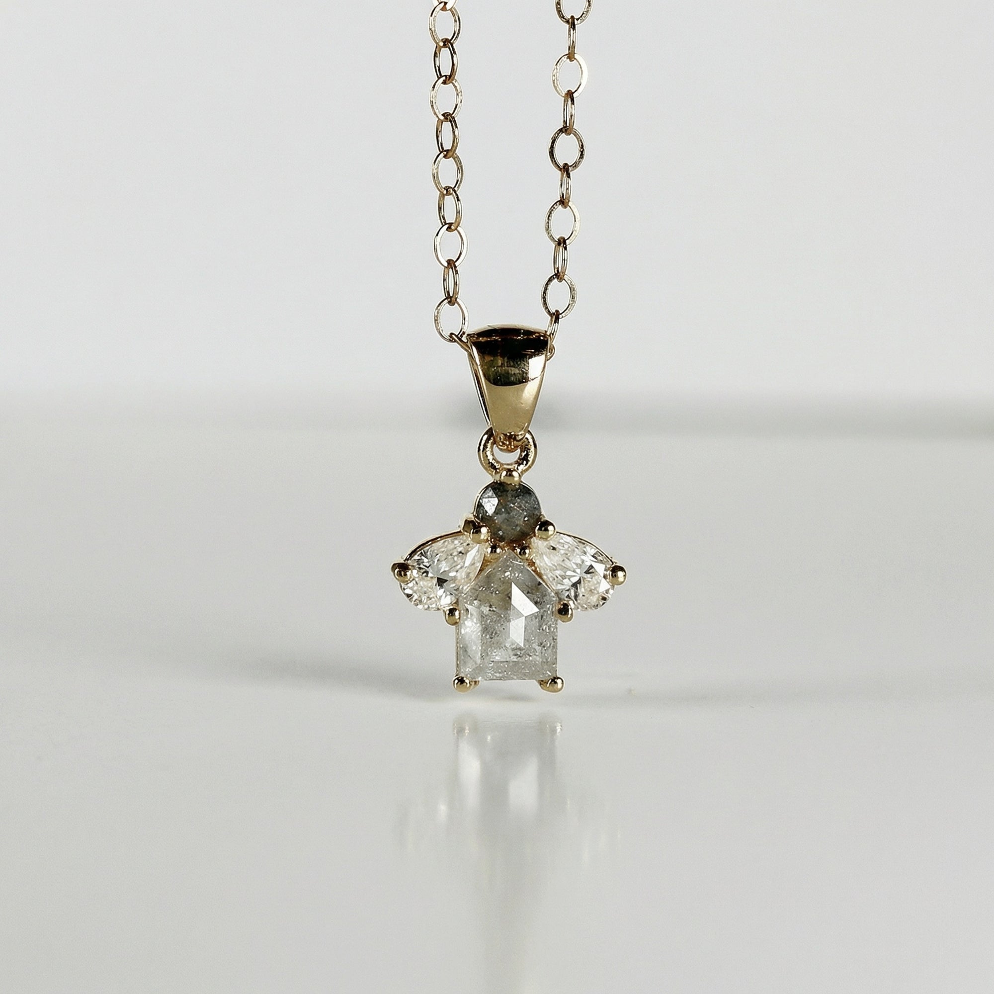 14K Solid Gold Salt and Pepper Diamond Cluster Necklace with Pear Moissanites - Melt'm Jewelry
