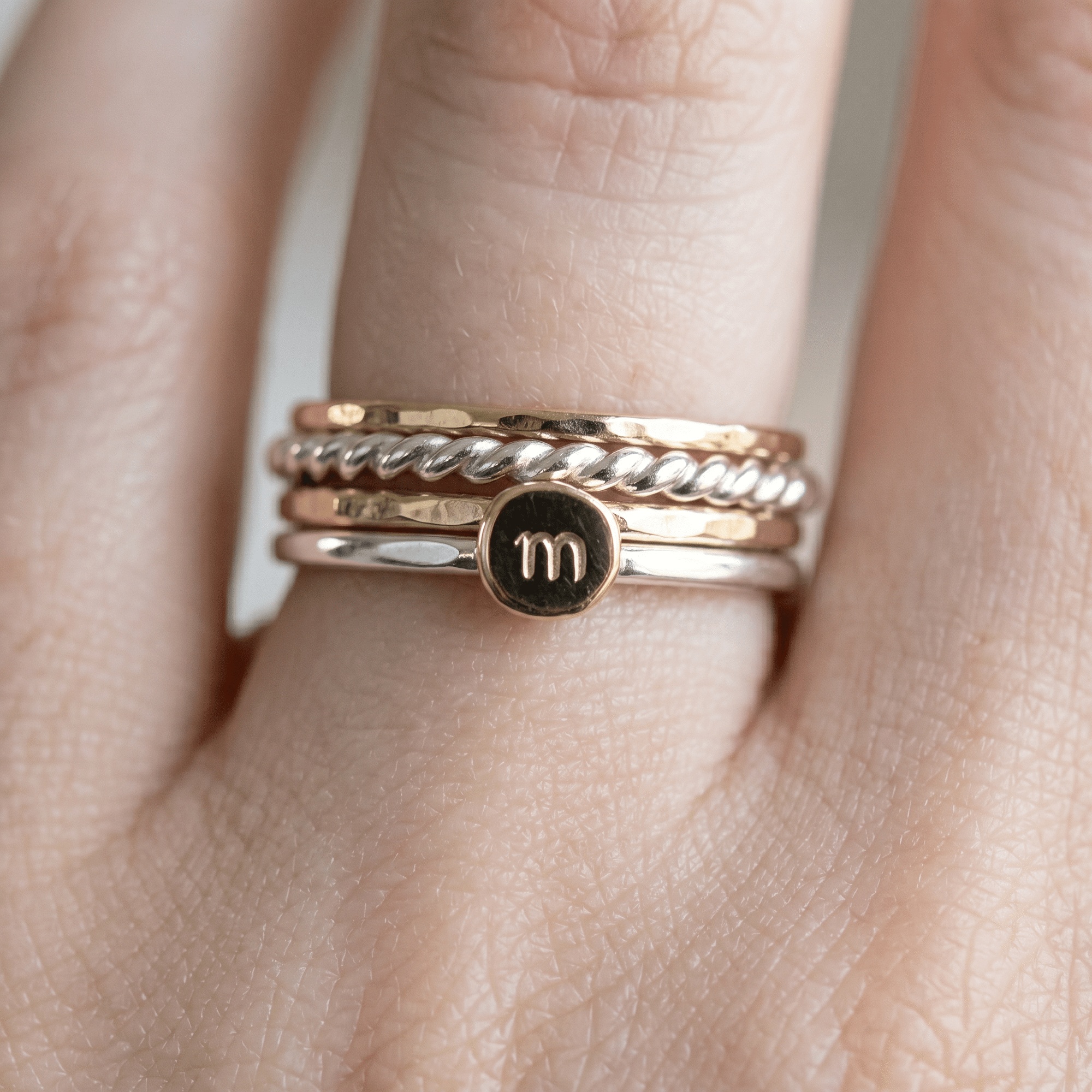 Solid 14k Gold Rustic Pebble Ring, Silver Band Gold Initial Ring - Melt'm Jewelry