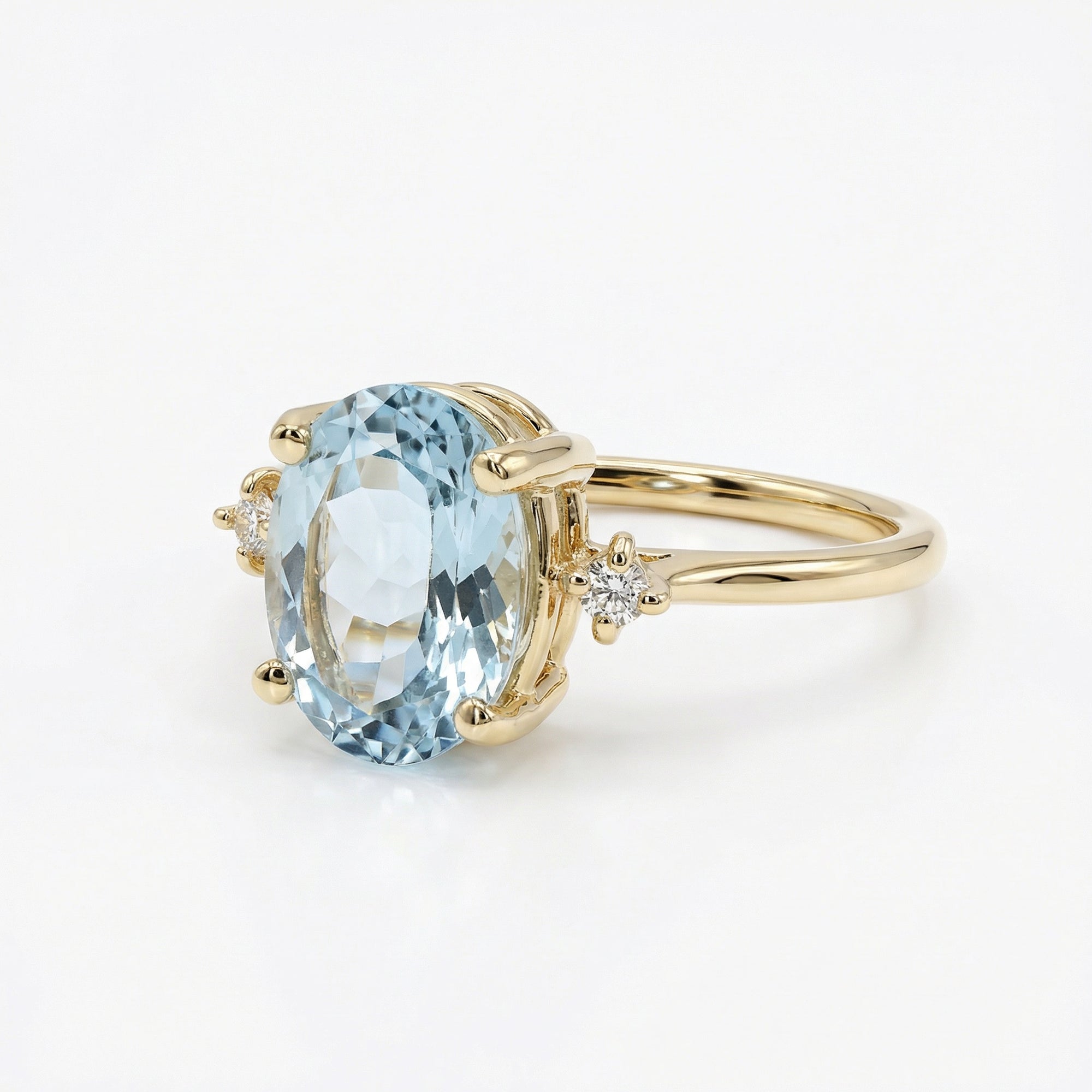Oval Aquamarine Engagement Ring with two Accent Diamonds - Melt'm Jewelry