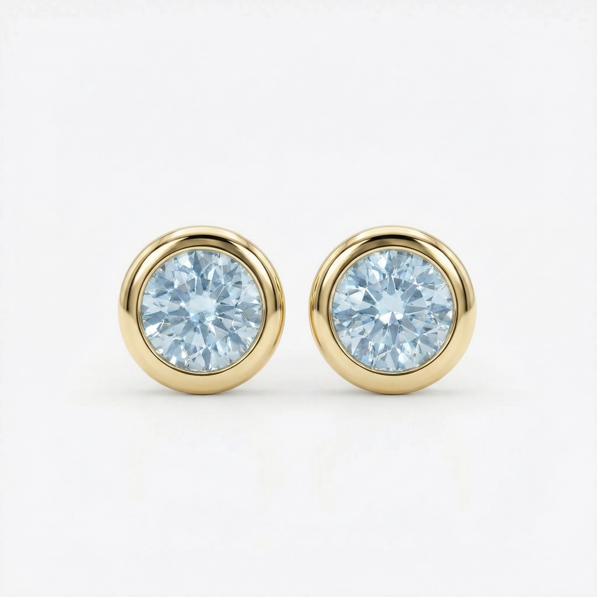 Round Aquamarine Bezel Earrings 14k Gold, Natural Aquamarine March Birthstone Studs - Melt'm Jewelry