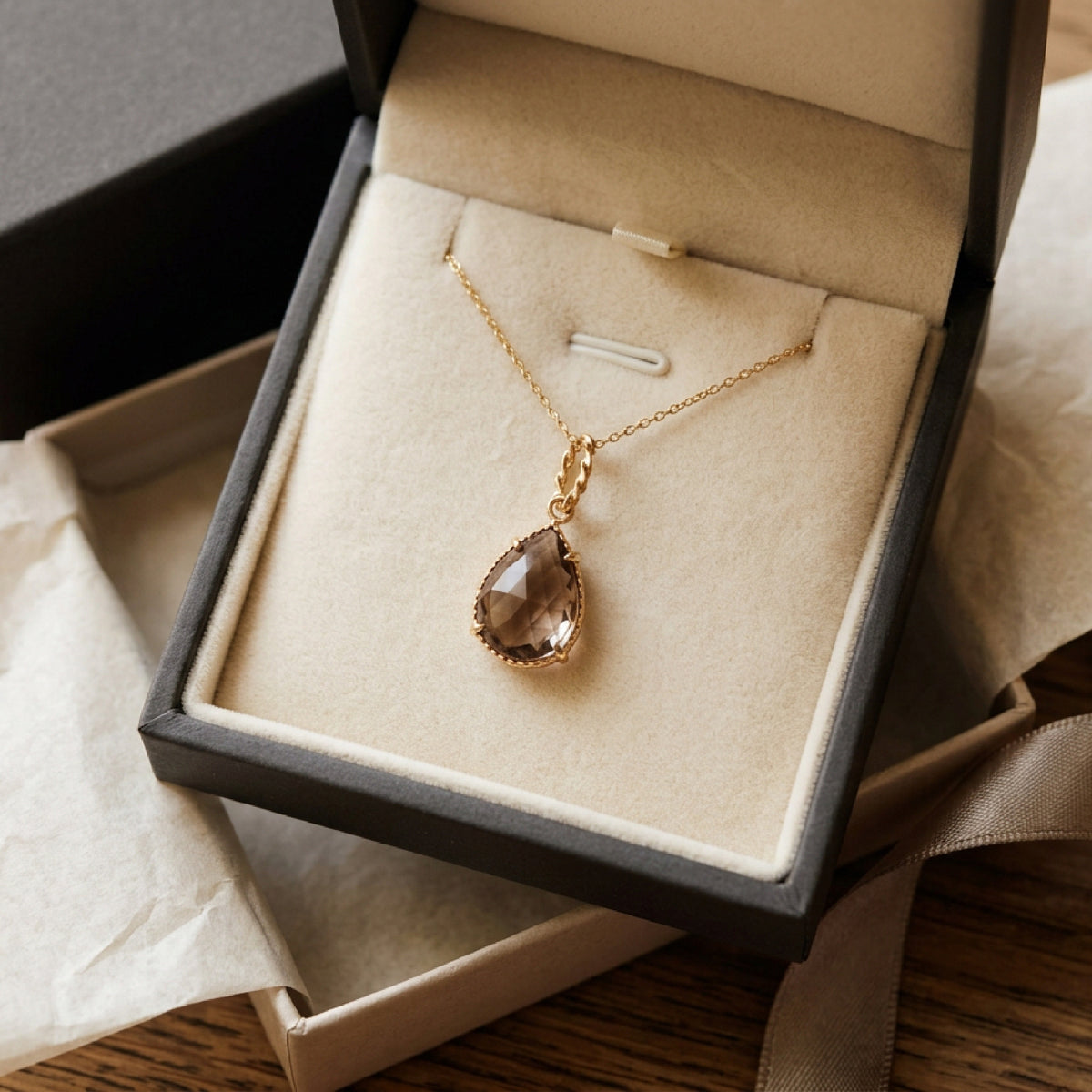 Drop Smokey Quartz Pendant Necklace in 14k Gold - Melt'm Jewelry