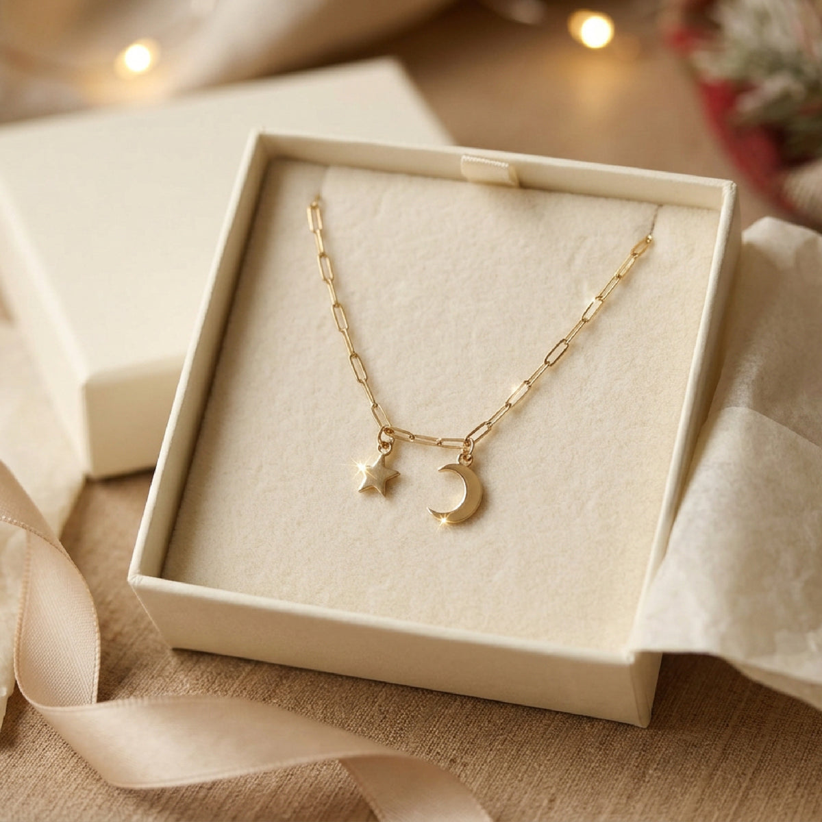 Moon and Star Necklace 14k Solid Gold - Melt'm Jewelry