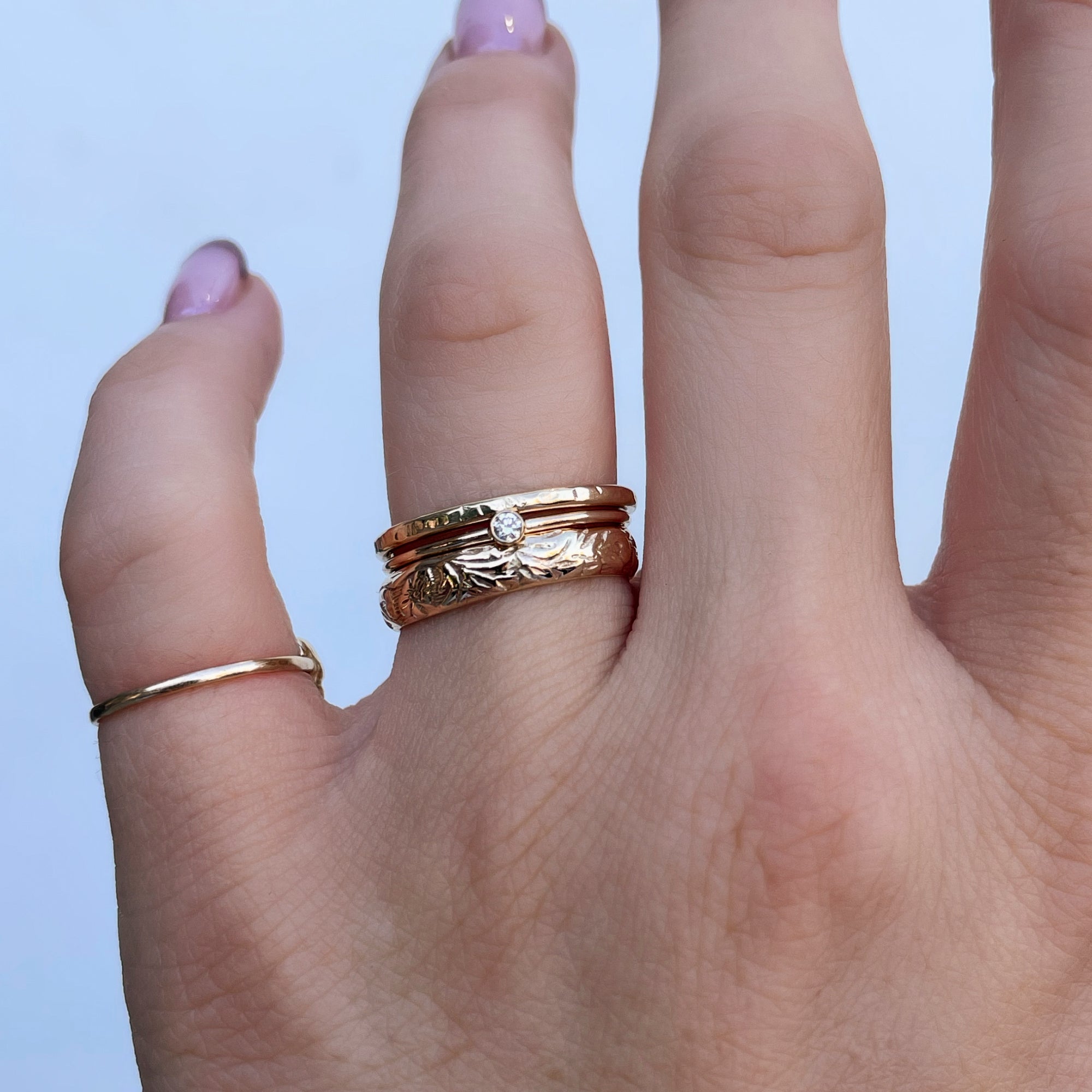 Set of 3 Gold Hammered Band Rings, Stacking Ring Set