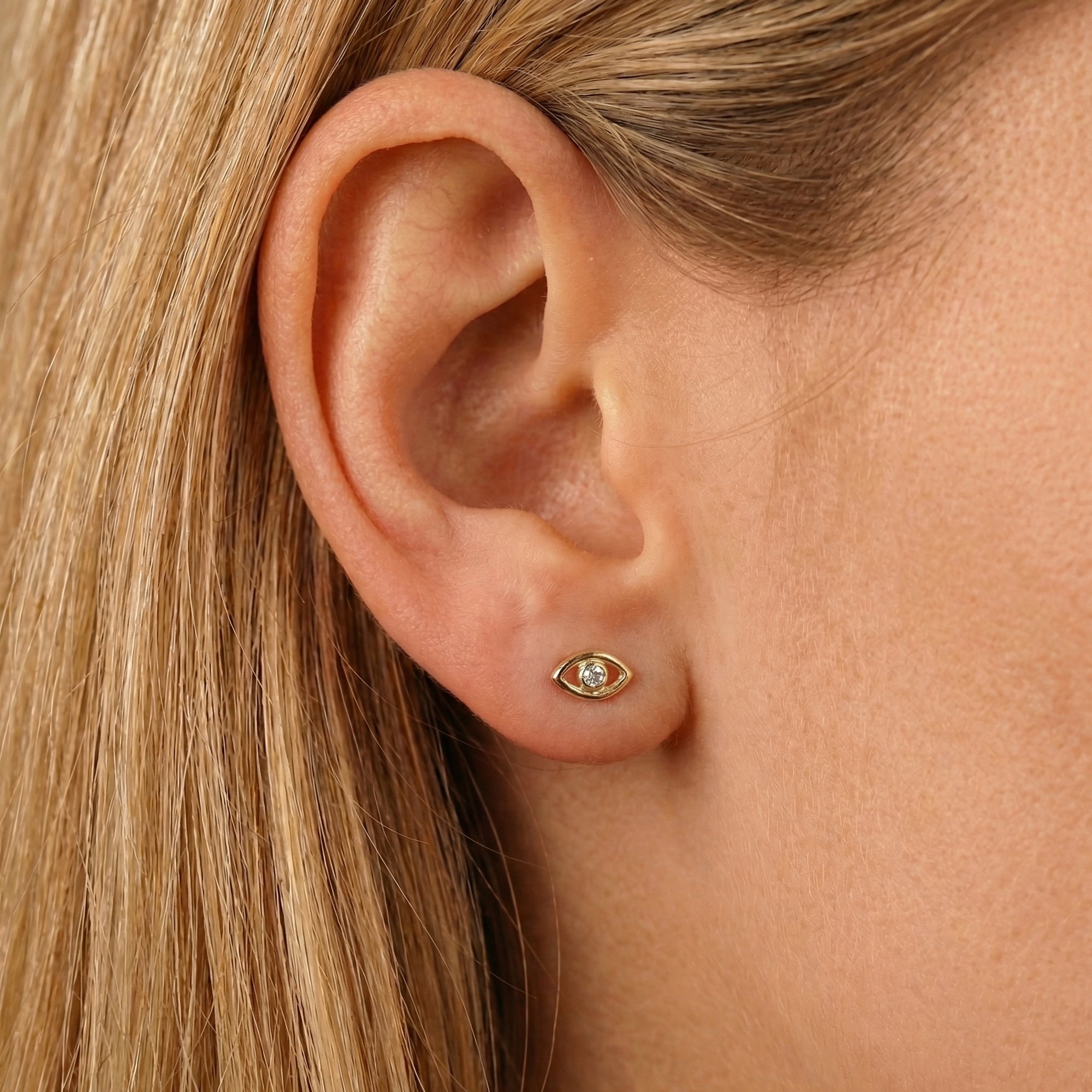 Evil Eye Flat Back Earrings 14k Solid Gold, Luck Symbol Stack Earrings - Melt'm Jewelry