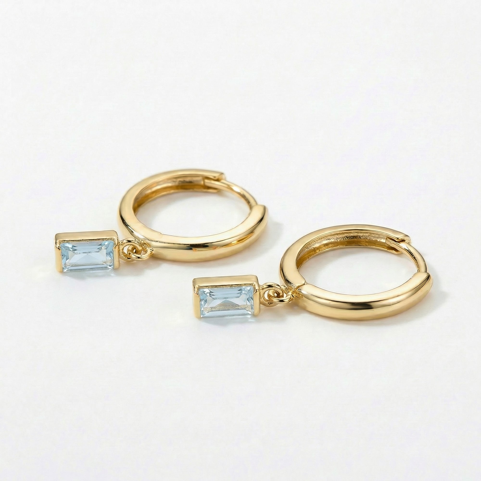 14k Gold Aquamarine Earrings, Baguette Aquamarine Dangle Hoop Earrings - Melt'm Jewelry