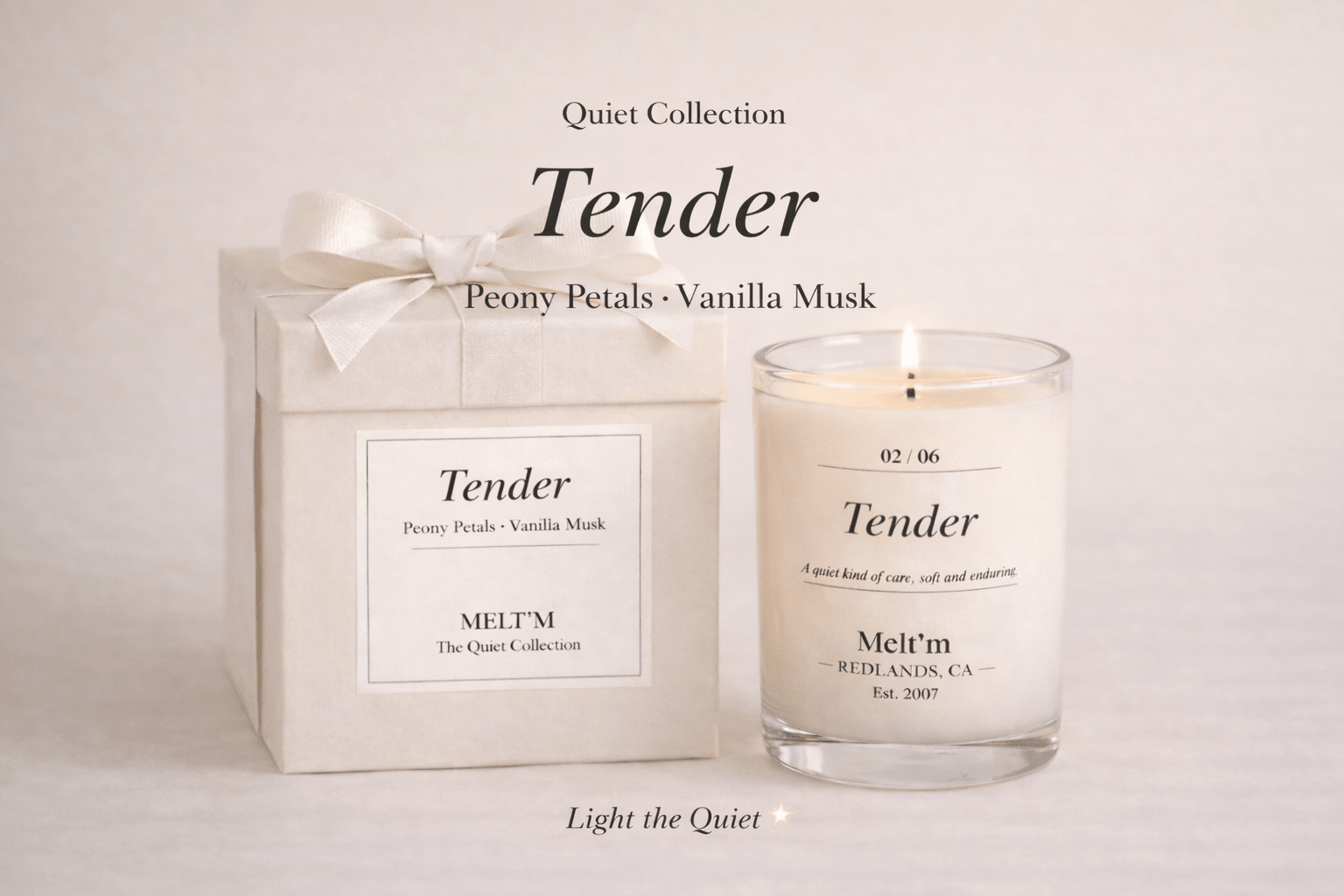 Tender Soy Wax Candle – Peony Petals & Vanilla Musk | 8 oz Luxury Candle | Melt’m Quiet Collection - Melt'm Jewelry