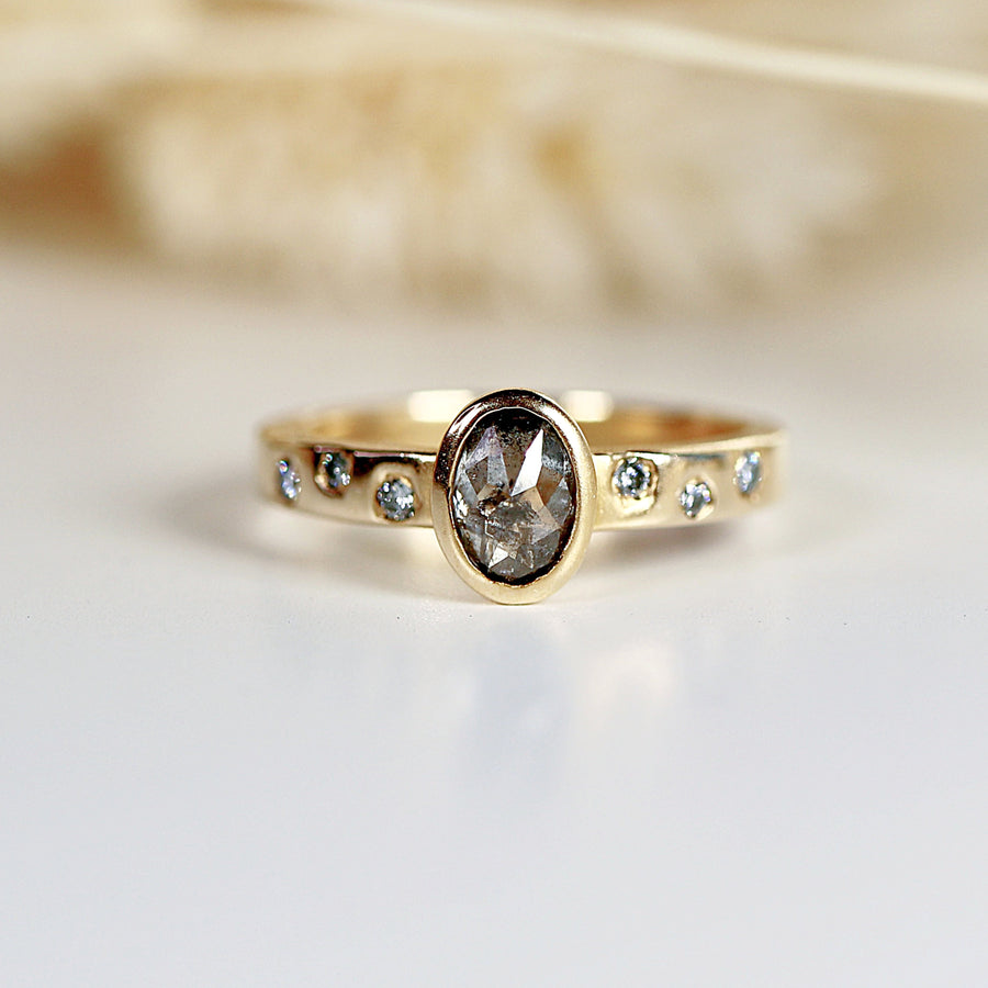 Salt and Pepper Diamond Ring, 14k Gold Rose Cut Bezel Setting Oval Diamond Ring with flush set diamonds
