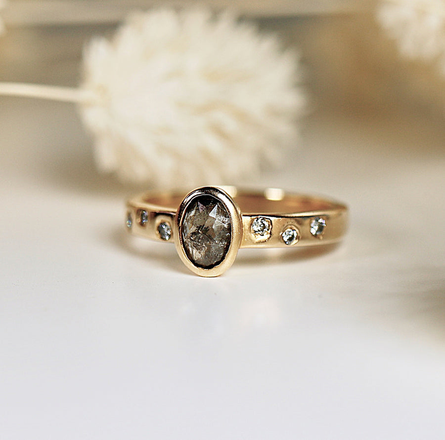 Salt and Pepper Diamond Ring, 14k Gold Rose Cut Bezel Setting Oval Diamond Ring with flush set diamonds