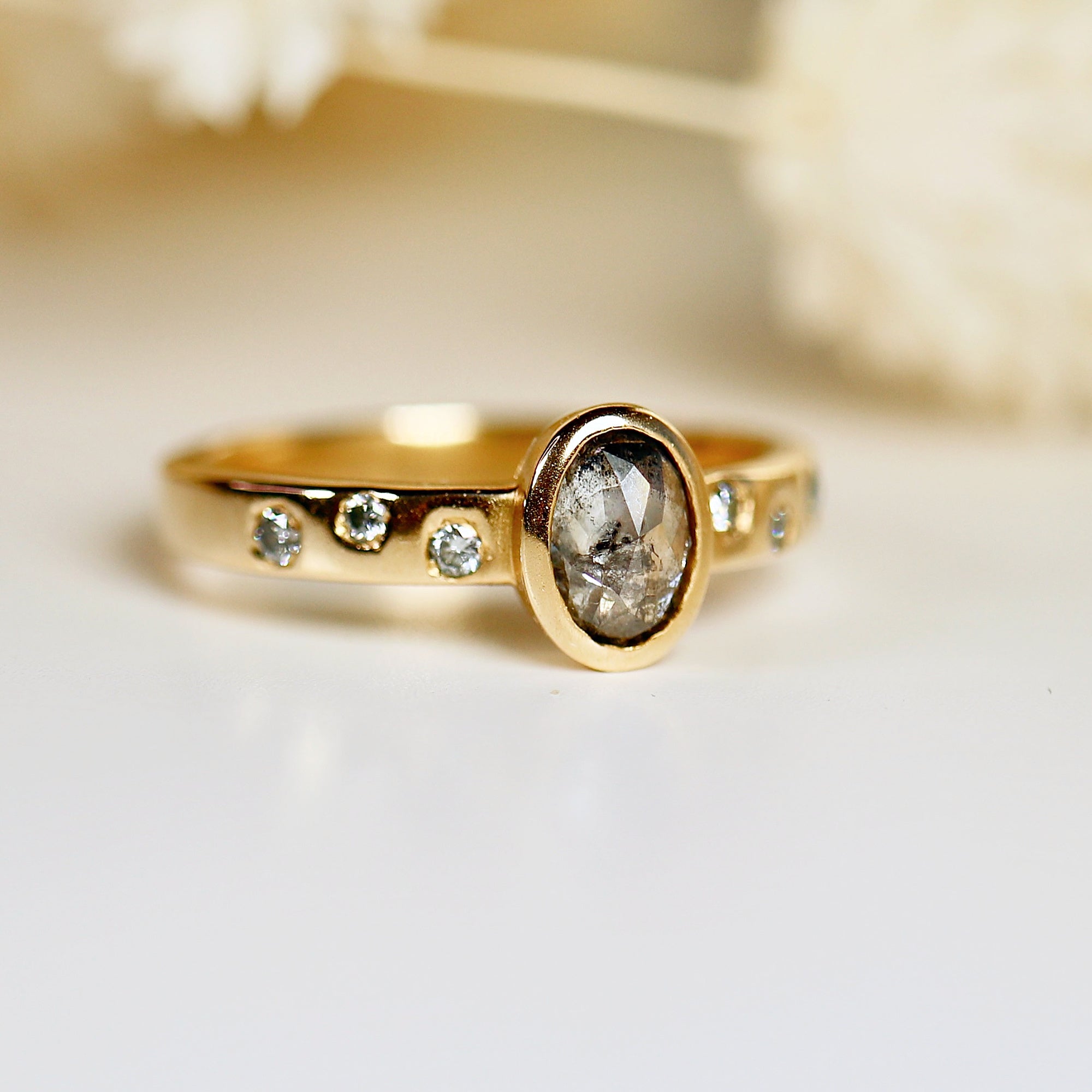 Salt and Pepper Diamond Ring, 14k Gold Rose Cut Bezel Setting Oval Diamond Ring with flush set diamonds