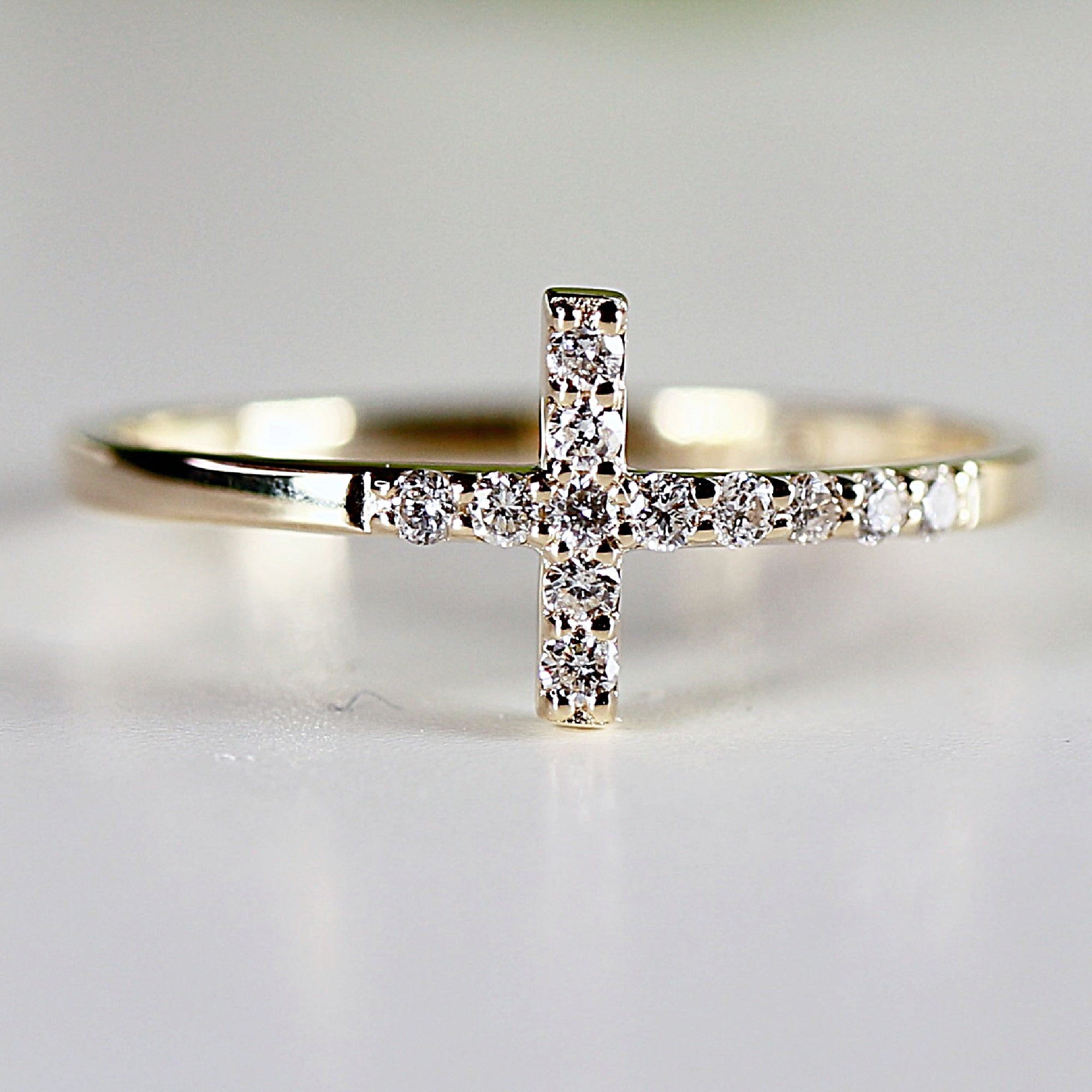 14k Solid Gold Cross Ring, Diamond Cross Ring