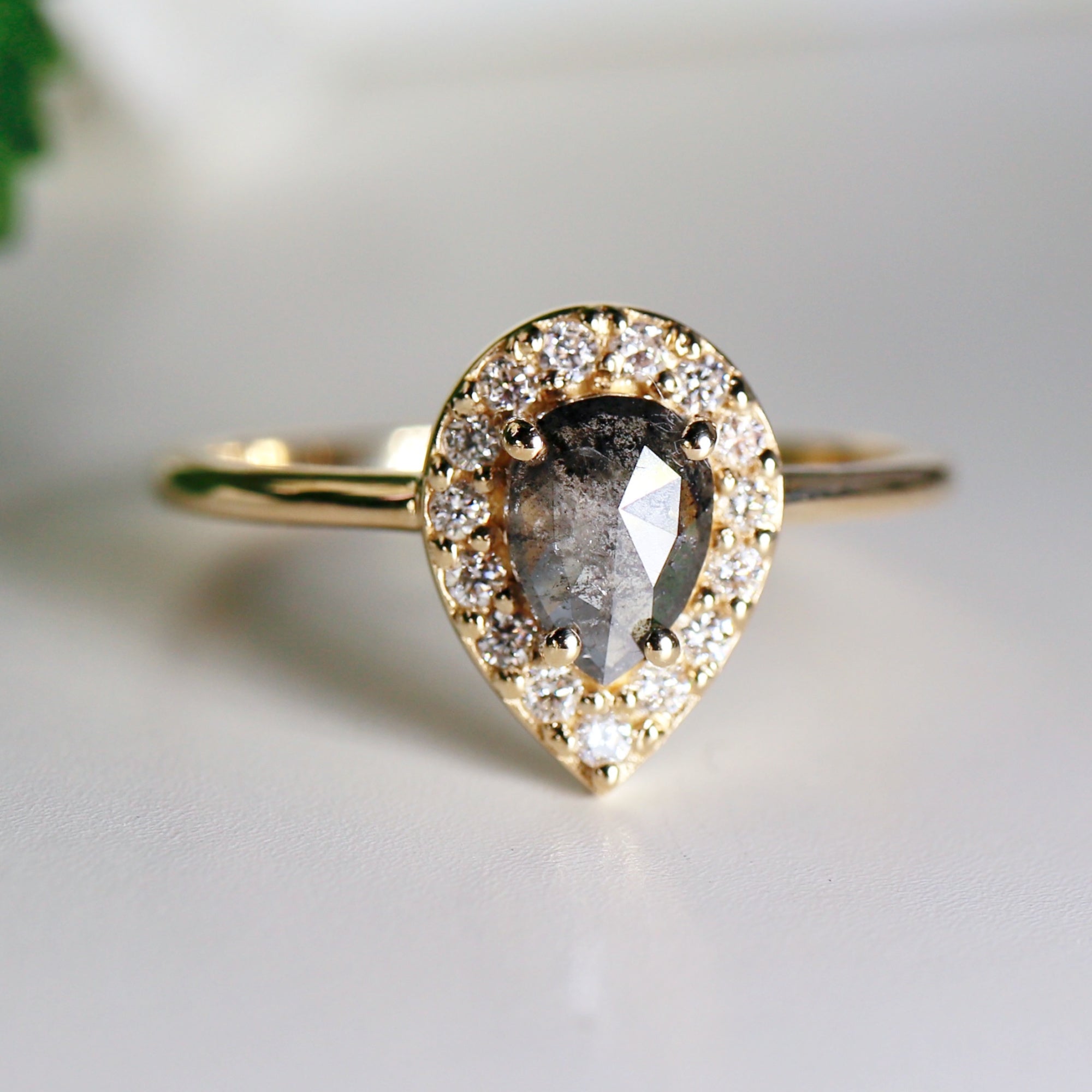 Rose Cut Pear  Salt and Pepper Diamond Ring 14k Gold