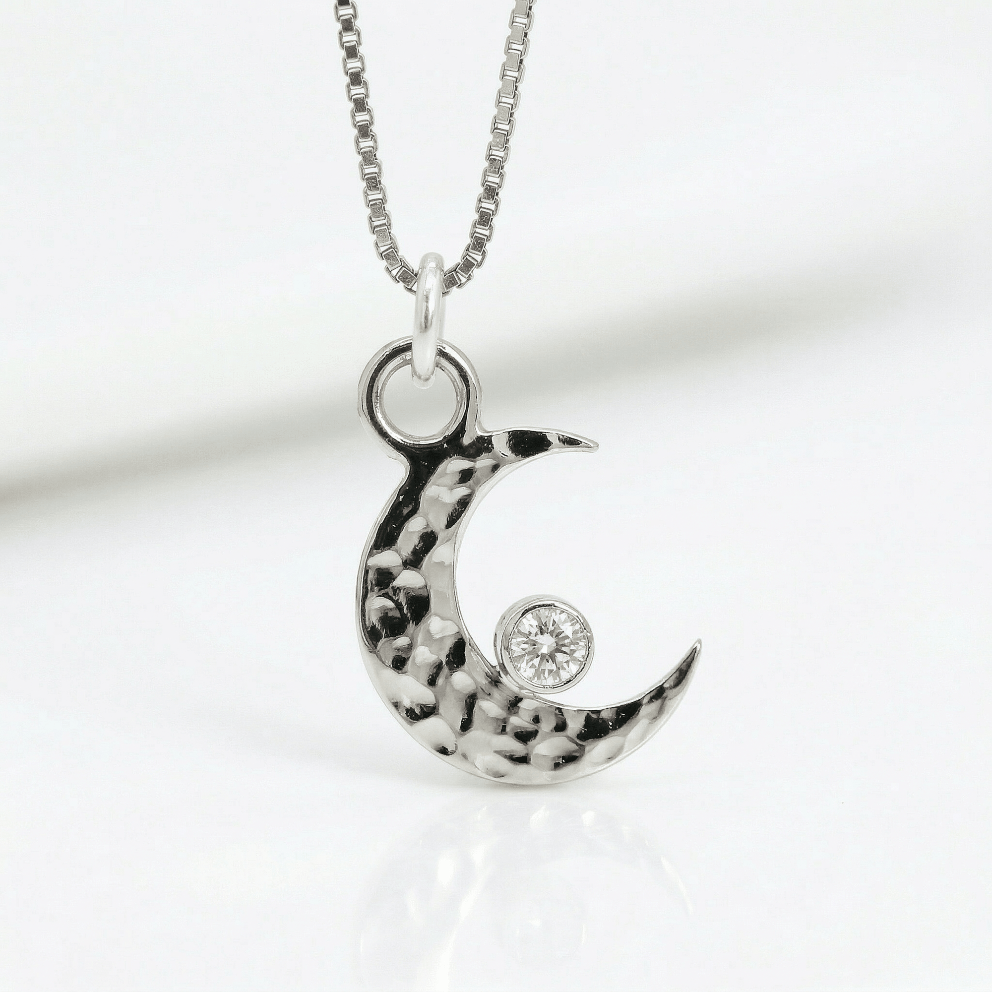 14k White Gold Diamond Crescent Moon Necklace – Hammered Celestial Pendant - Melt'm Jewelry