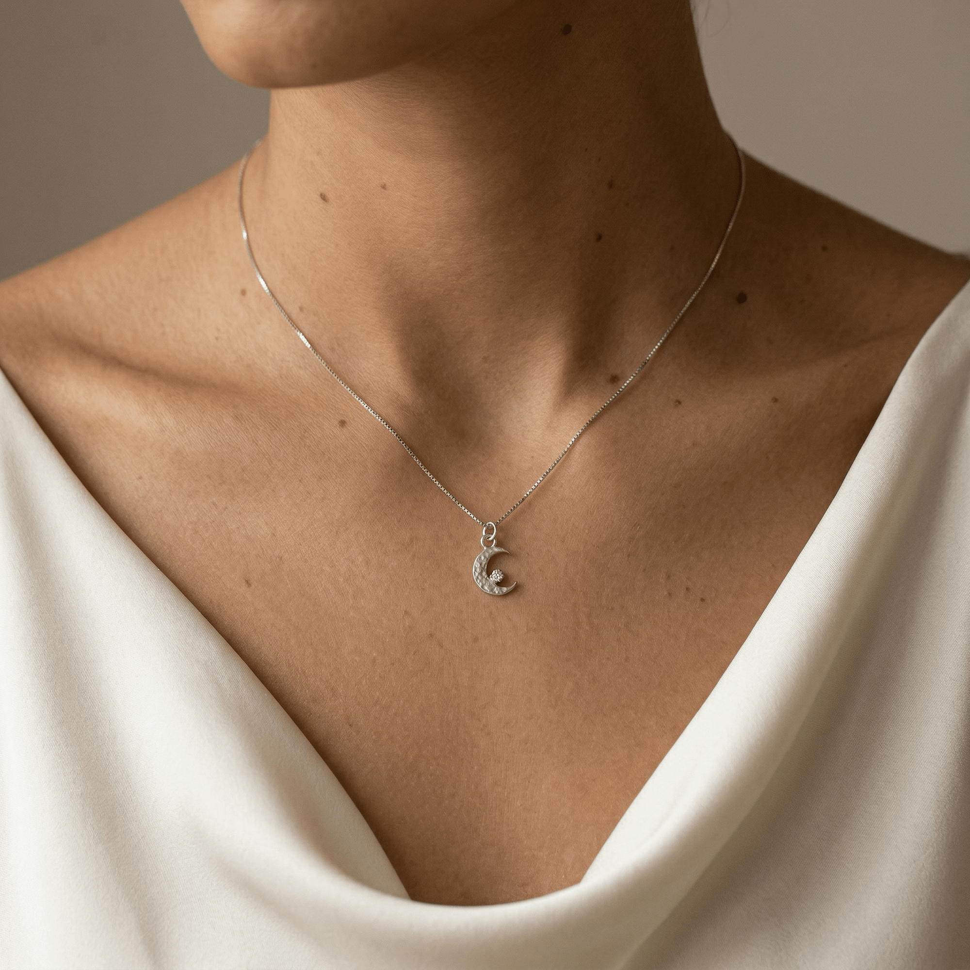 14k White Gold Diamond Crescent Moon Necklace – Hammered Celestial Pendant - Melt'm Jewelry