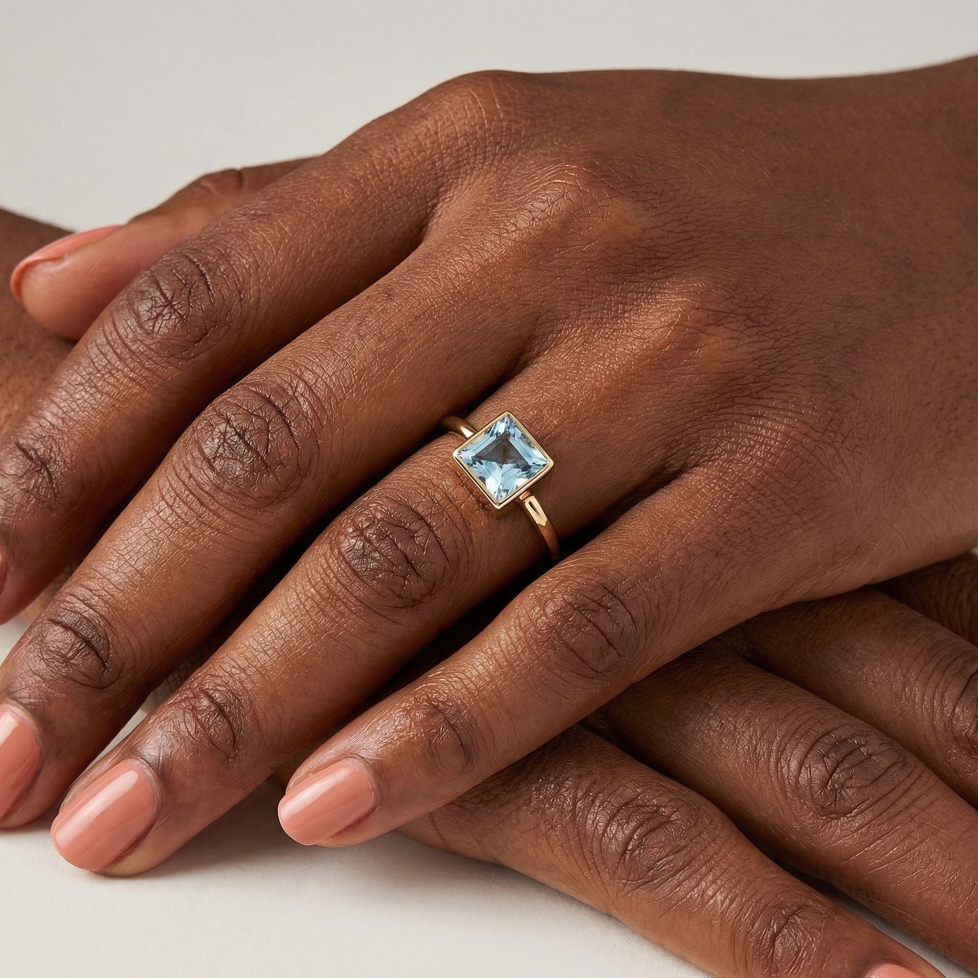 Princess Cut Bezel Set Aquamarine Ring 14k Gold March Birthstone - Melt'm Jewelry