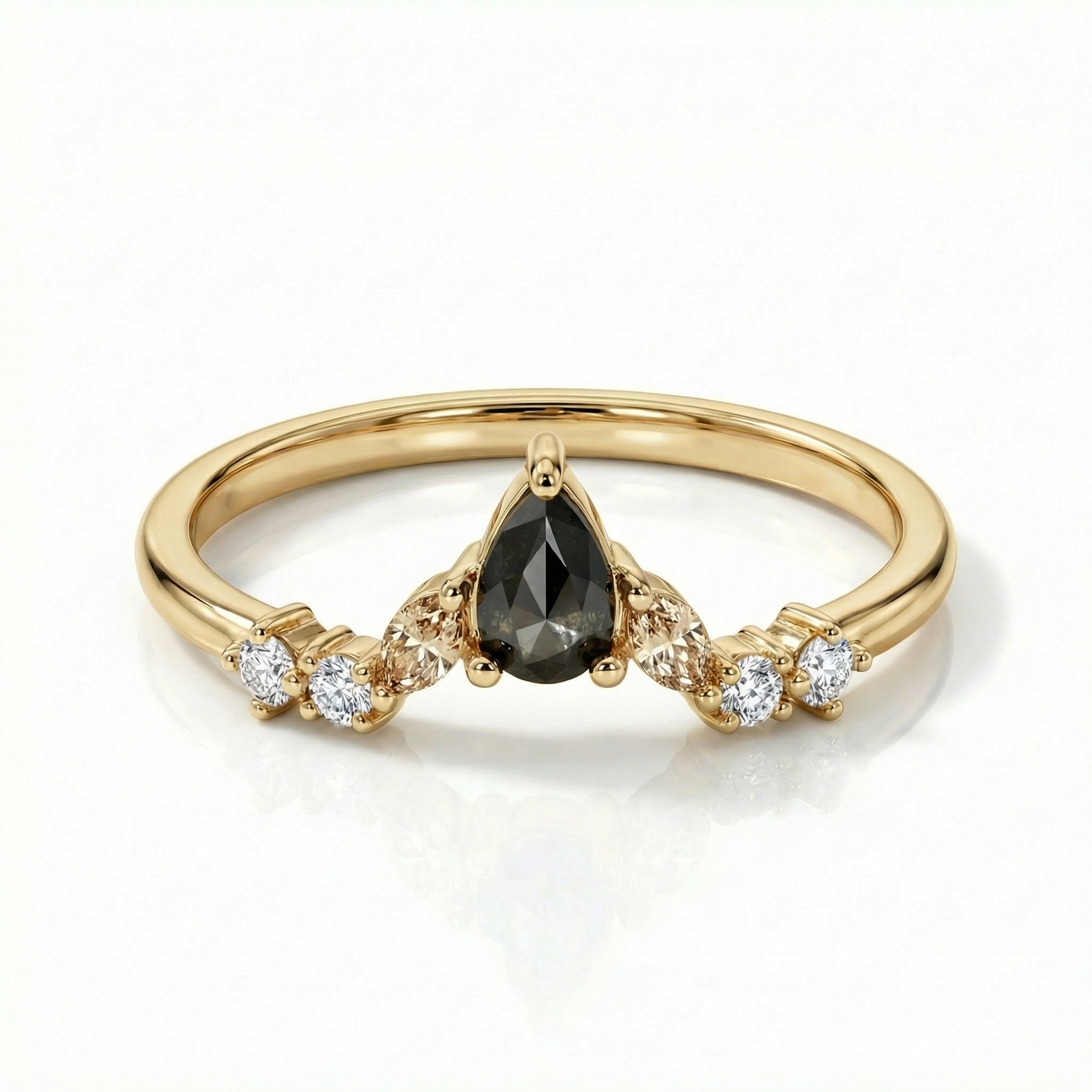 Rose Cut Pear Shape Salt and Pepper Diamond Ring 14k Yellow Gold - Melt'm Jewelry