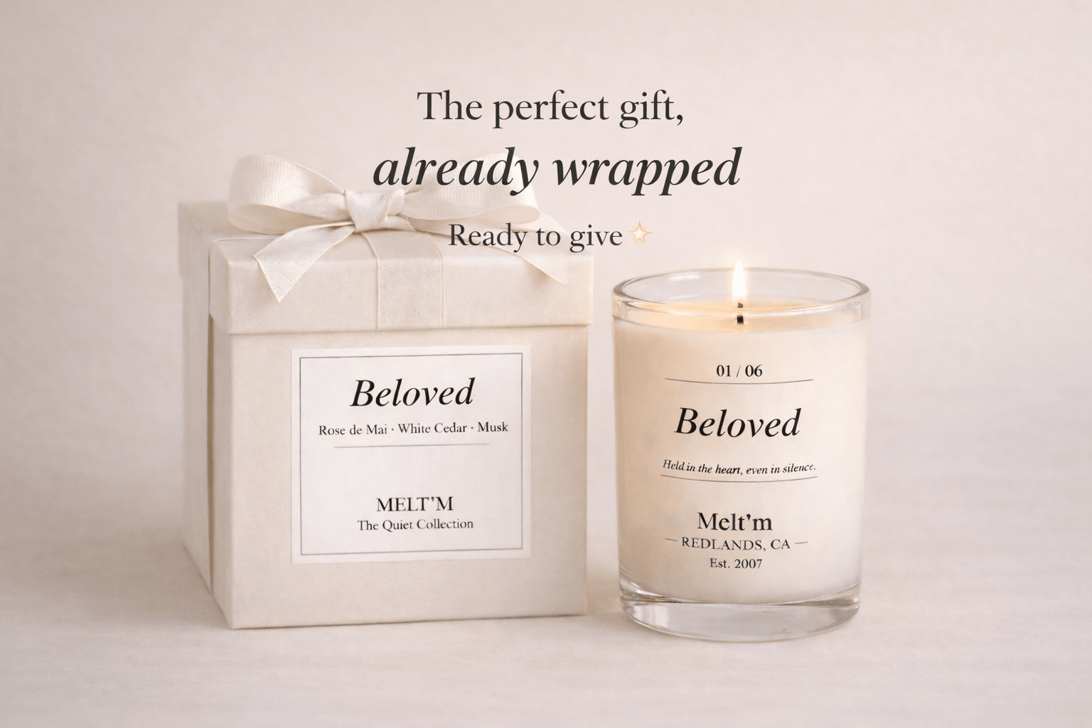 Beloved Candle – Rose de Mai, White Cedar &amp; Musk | Luxury Floral Musk Candle | Romantic Gift | Melt’m Quiet Collection - Melt'm Jewelry