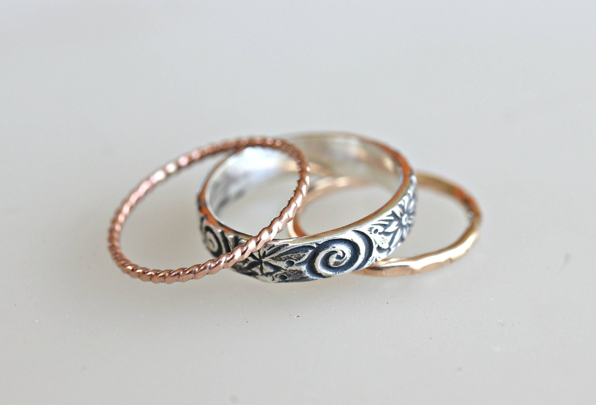 Set Of 3 Stacking Rings, Sterling Silver Spiral and Flower Wedding Band - Melt'm Jewelry