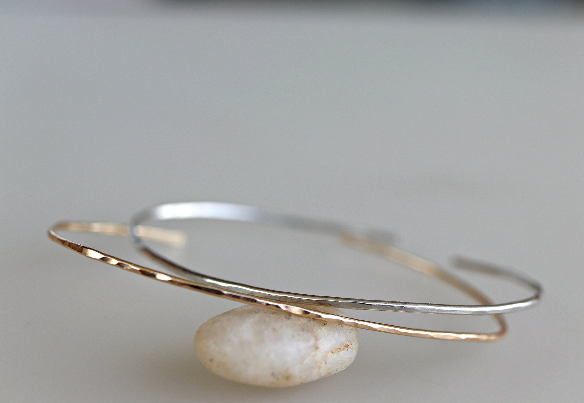 Thin Cuff Bracelet, Hammered Gold Open Bangle - Melt'm Jewelry