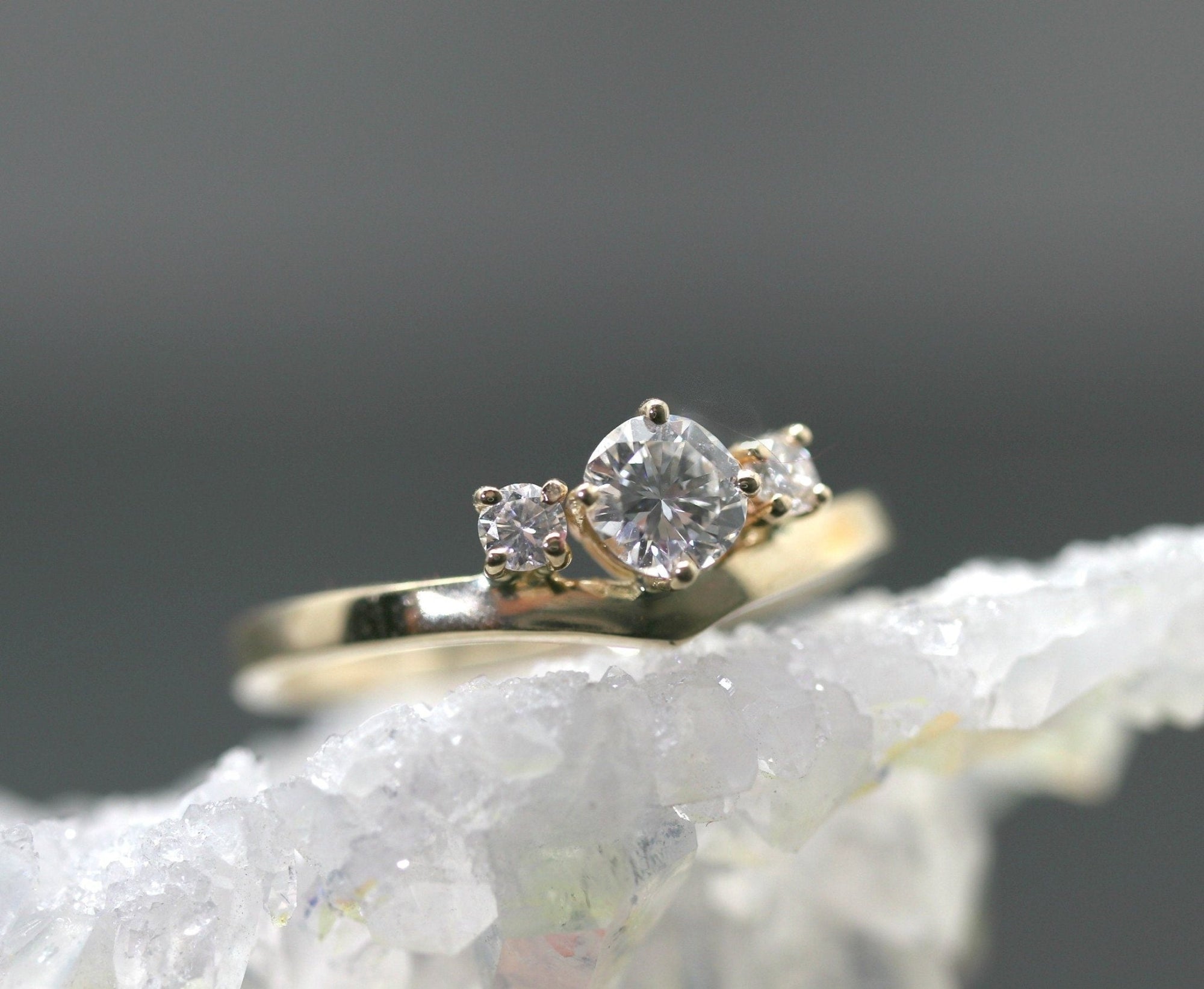 Three Stone Diamond Engagement Ring 14k Gold, Chevron Stacking Bridal Ring, Curved Dainty Wedding Band - Melt'm Jewelry