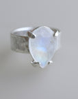 Rainbow Moonstone Ring, Wide Hammered Silver Band with June Birthstone