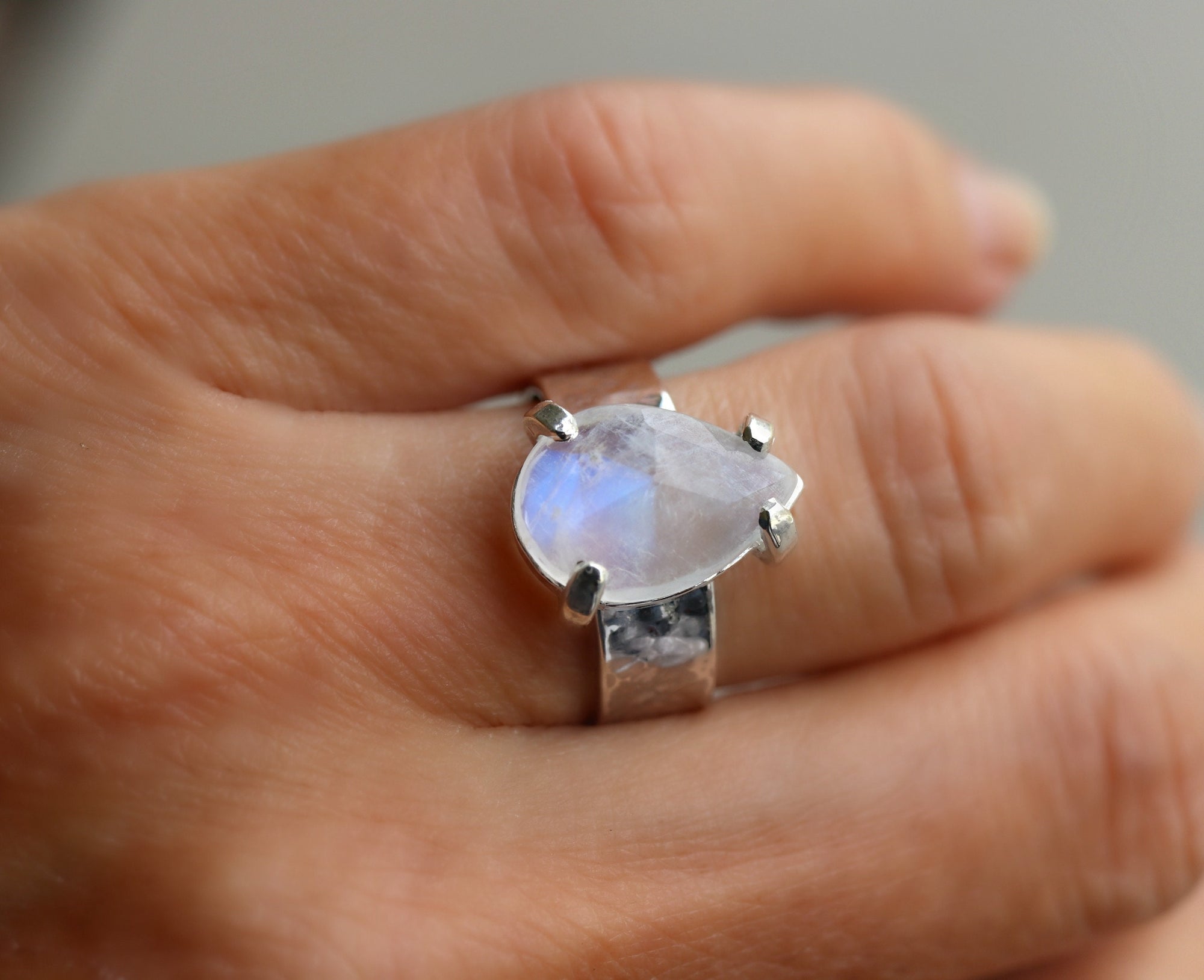 Rainbow Moonstone Ring, Wide Hammered Silver Band with June Birthstone