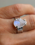 Rainbow Moonstone Ring, Wide Hammered Silver Band with June Birthstone