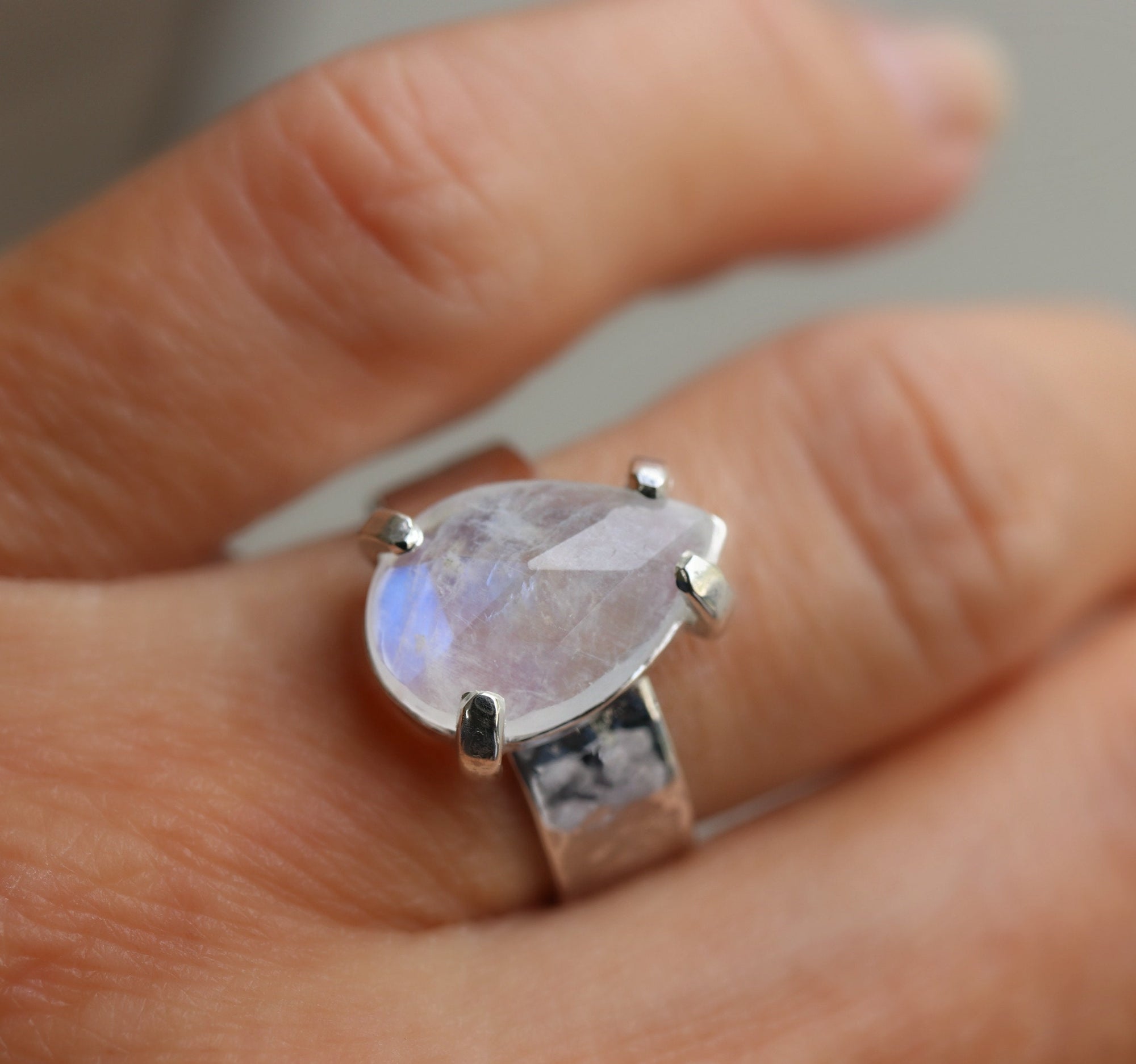 Rainbow Moonstone Ring, Wide Hammered Silver Band with June Birthstone