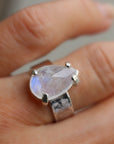 Rainbow Moonstone Ring, Wide Hammered Silver Band with June Birthstone