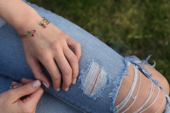 Dual Birthstone Bracelets Gold Filled or Sterling Silver, Open Gemstone Bangles